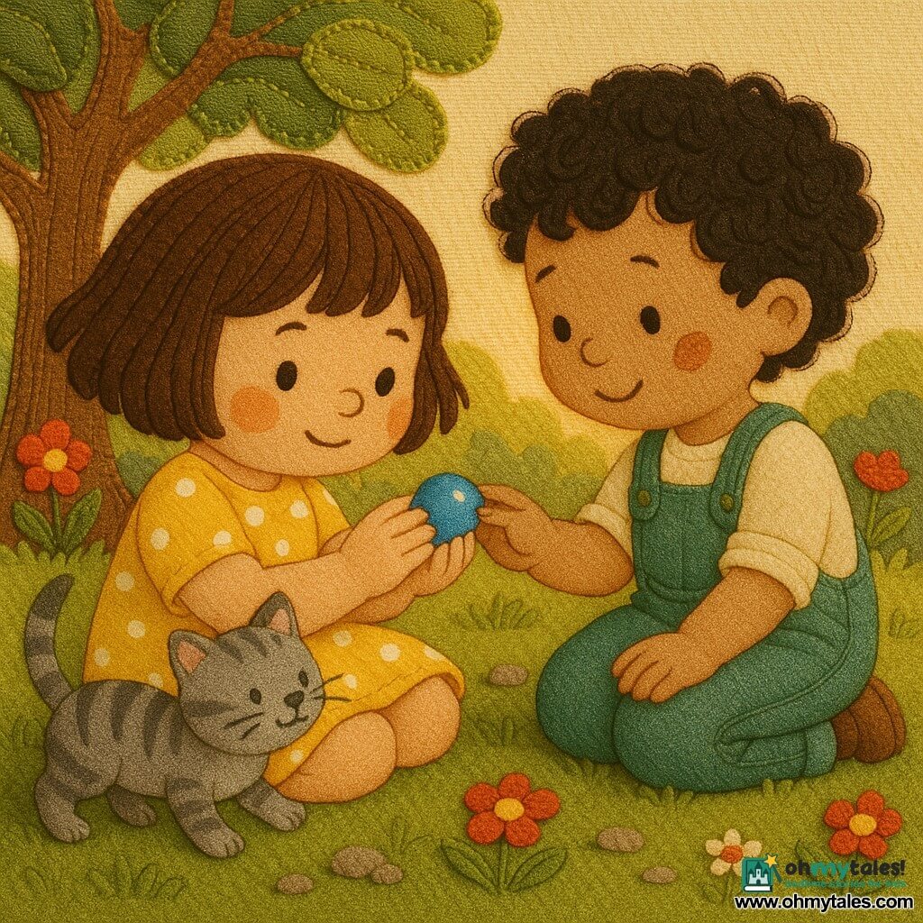 A joyful yet focused 4-year-old girl with short thick brown hair, round cheeks and a yellow dress with white polka dots holds a small shiny blue pebble to her heart; a curious, shy ~5-year-old boy with curly black hair and a chocolate smudge on his cheek in green overalls sits beside her on the grass, reaching for the pebble; a playful gray tabby kitten rubs against the girl's right leg with tail up; they sit facing each other in a soft clearing with felt-like green grass, red and white appliqué flowers and a stylized oak with fabric leaves, gently exchanging the blue pebble like a shared little sun under golden afternoon light.
