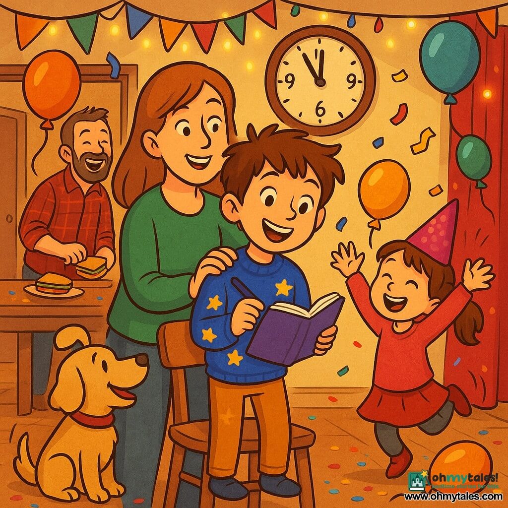 A smiling, awed 10-year-old boy with tousled brown hair wearing a blue sweater with gold stars stands on a small chair holding an open purple notebook and a pen, reading wishes aloud with an enthusiastic posture and bright eyes; nearby Zoe, about 6, with a ponytail and a pink glitter hat, jumps for joy with raised hands; the father, about 40, light beard and plaid shirt, laughs while making sandwiches at a table in the background near a door; the mother, about 38, light brown hair and a green sweater, hugs the boy's shoulder smiling from just behind the chair; the old beige dog Biscuit wags his tail and watches the notebook from the front right. The living room is warm and festive with colorful garlands, floating balloons, confetti on the floor, a large wall clock showing one minute to midnight, soft yellow lights and red curtains. Main scene: family gathered for New Year's, joyful and intimate, focused on the boy reading wishes with a lively, sparkling background. Style: bright colors, clean outlines, exaggerated friendly expressions, slight paper texture, centered child-friendly composition.