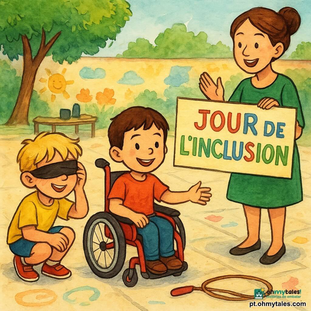 Há três personagens: Tomás, menino de 6 anos, cabelo castanho curto, pele clara, sentado em uma pequena cadeira de rodas vermelha, sorrindo e estendendo a mão para uma corda de pular à sua frente; Lucas, menino de 6 anos, cabelo loiro bagunçado, camiseta amarela, agachado à esquerda de Tomás, segurando uma faixa preta nos olhos e rindo; e a professora, mulher de cerca de 30 anos, cabelo castanho preso em coque, vestido verde, à direita atrás das crianças, aplaudindo e mostrando um cartaz colorido “Dia da Inclusão”; cenário: pátio escolar ensolarado com piso claro e desenhos de giz, mesa com objetos de jogo ao fundo, árvores e muro com murais infantis; situação: jogo inclusivo com tom alegre, risos, gestos de ajuda mútua e cores vivas.