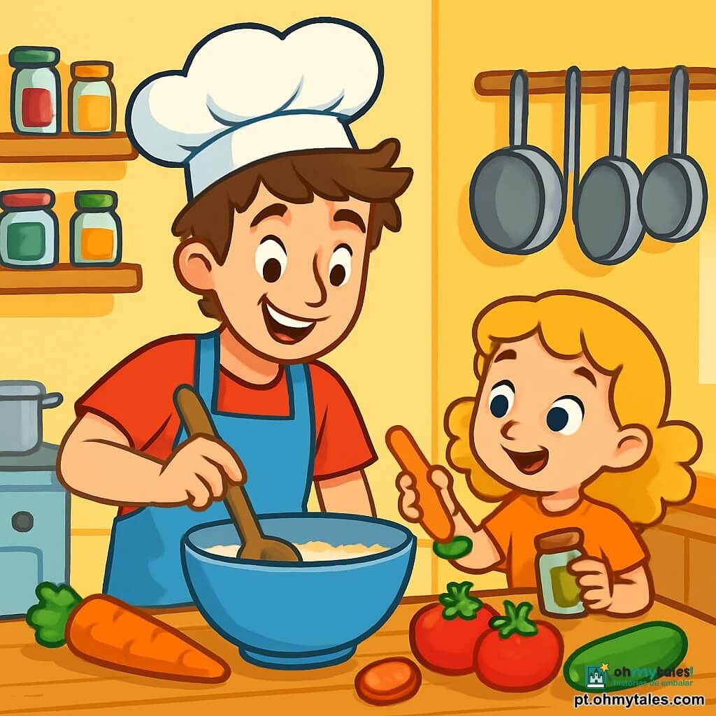 Um jovem chef de cozinha, Lucas, um homem na casa dos vinte anos, com cabelos castanhos bagunçados e um grande sorriso alegre, está no centro da cozinha. Ele usa um avental azul vibrante e segura uma colher de madeira, parecendo entusiasmado e concentrado, pronto para criar um prato delicioso. Ao lado dele, uma menina de 8 anos, sua irmã Emma, com cabelos loiros e cacheados, observa com admiração, os olhos brilhando de curiosidade, segurando um pequeno pote de especiarias. A cozinha é espaçosa e iluminada, com paredes amarelas ensolaradas, prateleiras cheias de frascos coloridos de ingredientes e panelas brilhantes penduradas acima de uma grande bancada de madeira. Na mesa, legumes frescos de cores vibrantes, como cenouras laranjas, tomates vermelhos e abobrinhas verdes, estão prontos para serem cortados. A cena principal mostra Lucas misturando ingredientes em uma tigela grande, enquanto Emma, animada, lhe oferece uma cenoura para que ele a adicione à receita. A atmosfera é alegre e cheia de criatividade, com risadas e aromas apetitosos pairando no ar.