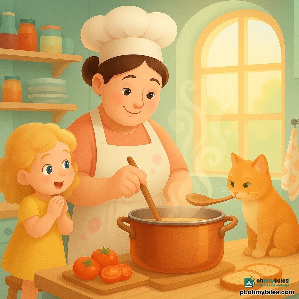 Uma mulher chef sorridente e meiga, rosto redondo e cabelo castanho preso em coque, veste um grande avental creme com manchas de farinha rosadas e mexe lentamente uma grande panela de cobre com uma colher de pau; uma menina de cerca de 5 anos, de cabelos loiros cacheados e vestido amarelo, está em um banquinho à esquerda observando a panela com surpresa e mãos juntas; um pequeno gato ruivo de olhos verdes está sobre a bancada à direita cheirando uma colher próxima à panela; a cozinha é acolhedora e luminosa, paredes verde-menta, prateleiras em madeira clara com potes coloridos e pilhas de pratos, grande janela redonda com luz dourada, bancada de madeira polida e panos estampados; cena principal: preparação de um "prato de boa noite", atmosfera calma e reconfortante, leve vapor subindo da panela em espirais cintilantes, cores pastel e detalhes gourmets.