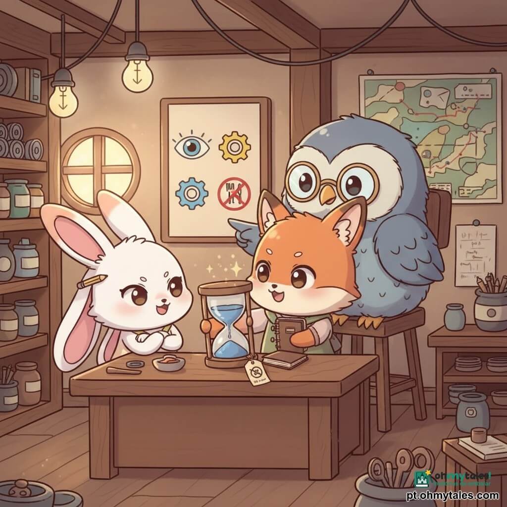 Rui, uma pequena raposinha chibi de pelagem ruiva e olhos curiosos, segura delicadamente uma ampulheta de vidro com areia azul que escorre, com expressão maravilhada e um caderninho marrom debaixo do braço; Lia, uma coelhinha chibi branca de orelhas rosadas, está à esquerda, sorrindo maliciosamente com os braços cruzados e um lápis atrás da orelha; o Mestre Mirto, um mocho idoso chibi de plumagem acinzentada e óculos redondos, sentado numa cadeira alta atrás de uma bancada, aponta suavemente para um quadro com as palavras "OBSERVAR / PENSAR / NÃO COMER"; a oficina é pequena e acolhedora, com prateleiras de madeira, frascos e rodas, lâmpadas pendentes, mapas coloridos na parede e luz dourada suave entrando por uma janela redonda — cena de aprendizado calmo e mágico, curiosidade respeitosa, cores pastel e sombras suaves, etiqueta "NÃO VIRAR" presa à ampulheta.