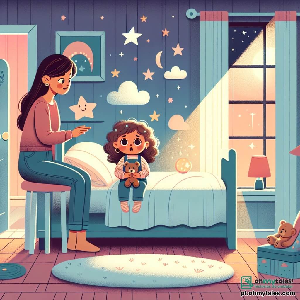 Uma menina de 2 anos, Clara, com cabelos cacheados e castanhos, grandes olhos curiosos, está sentada em sua cama, com um leve sorriso no rosto, segurando um bichinho de pelúcia. Ela observa uma luz suave que brilha ao seu lado, iluminando seu rosto com um brilho acolhedor. Sua mãe, uma mulher na casa dos trinta anos, com cabelos longos e castanhos, está perto da porta, sorridente e reconfortante, fazendo um gesto de encorajamento. A cena acontece em um quarto infantil aconchegante, pintado em tons pastéis com estrelas e nuvens nas paredes. Um tapete macio está no chão, e brinquedos estão espalhados ao redor da cama. A luz suave cria uma atmosfera tranquila, contrastando com a escuridão do lado de fora da janela. Clara, um pouco ansiosa mas confortada, observa a luz que brilha na escuridão, pronta para adormecer, enquanto sua mãe cuida dela, contando uma história para afastar seus medos.