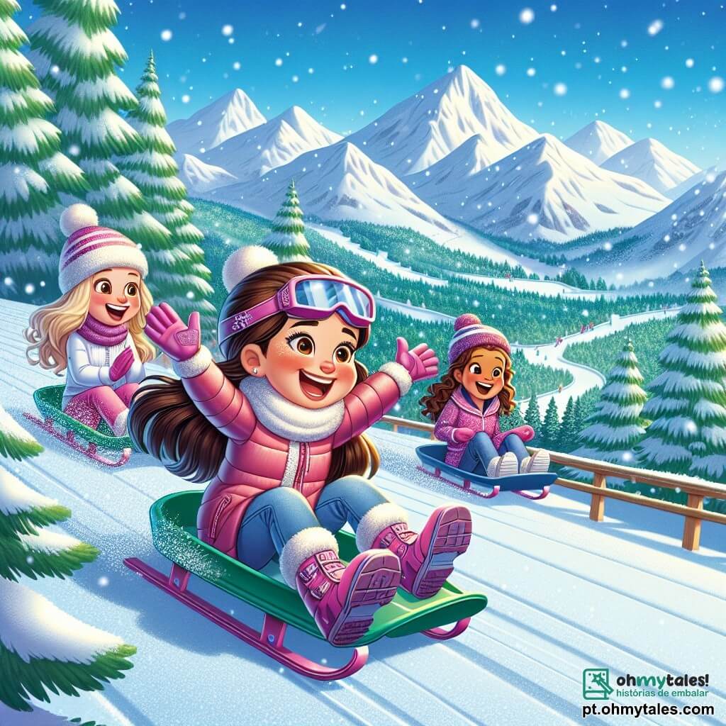 Clara, uma menina de 12 anos com longos cabelos castanhos e óculos, está deslizando em uma pista coberta de neve, com um grande sorriso no rosto. À sua direita, Sofia, também de 12 anos, com cabelos loiros e um macacão de esqui rosa, a incentiva levantando os braços, cheia de entusiasmo. À esquerda, Joana, outra menina de 12 anos com cabelos castanhos e cacheados, faz uma pausa, rindo e aplaudindo Clara. O cenário é uma linda estação de esqui, com montanhas majestosas cobertas de neve cintilante sob um céu azul radiante. Pinheiros verdes cercam a pista, e flocos de neve caem suavemente ao redor delas, criando uma atmosfera mágica. A situação principal mostra Clara e suas amigas em uma competição amigável, deslizando juntas na pista, unidas pelo espírito de equipe e pela alegria de compartilhar essa aventura de inverno.