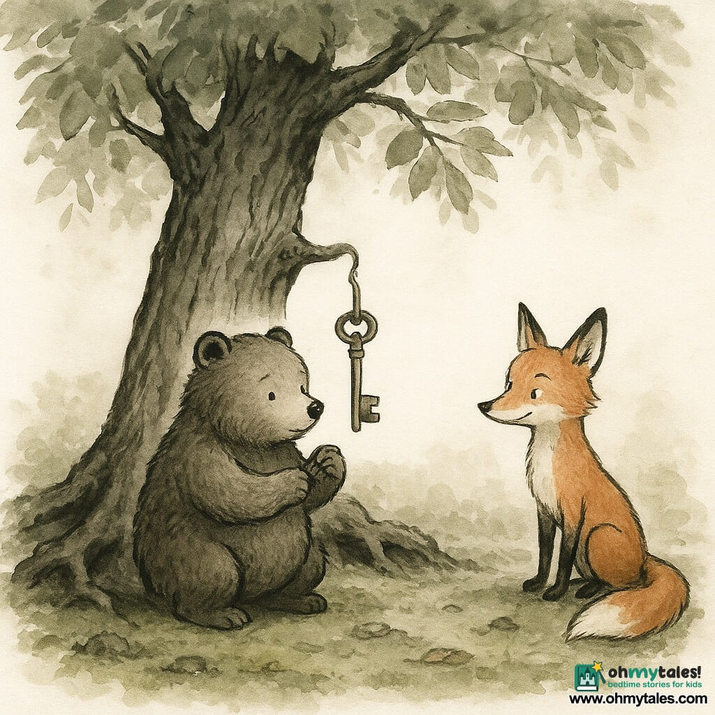 A small round brown bear, Barnaby, with textured fur and gentle, focused eyes and a calm, amazed expression holds a bronze key before an old oak with gnarly roots; a slim red fox, Felix, stands slightly behind to the right with a curled tail and a playful yet respectful gaze, watching the key with curiosity and a slight smile; the massive oak has deeply furrowed bark and intertwined roots forming a small cavity, broad leaves rendered in ink wash with pale green touches, while the ground is covered in green moss, fallen leaves and small stones and soft morning light filters through the foliage in pale golden patches—a quiet moment of discovery as Barnaby has just found the key on an ancient hook, hinting at mystery and adventure.