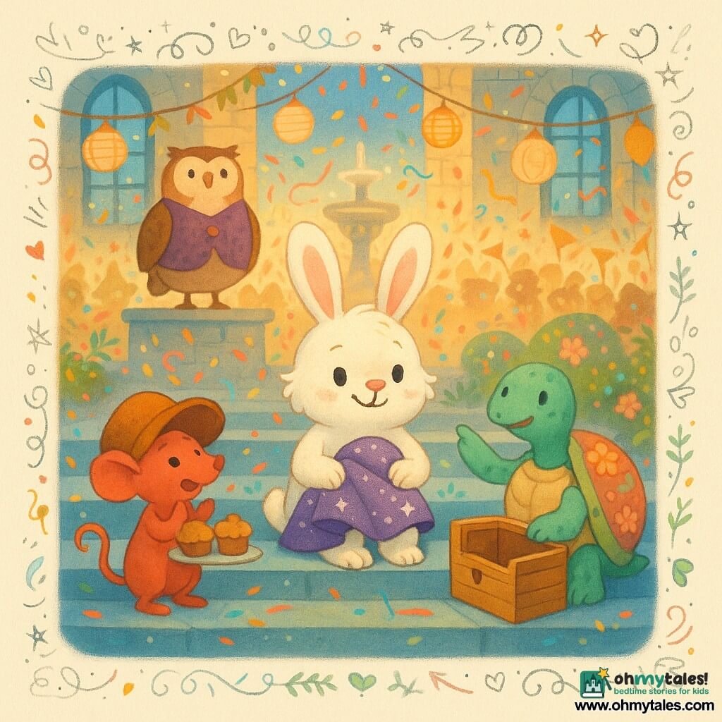 Benny, a small fluffy white rabbit with round ears sits on the blue library steps smiling with a folded starry purple cape on his knees; to his right Pip, a small red mouse with an oversized hat, applauds while holding a tray of mini muffins; to his left Tilly, a turquoise turtle with a floral shell, points to the wooden box for the cape; in the background a portly owl mayor in a purple vest stands proudly on a podium as the scene in front of a stone library with wide blue windows, paper lantern garlands and a central circular fountain shows the gentle aftermath of a parade—the cape held like a treasure, a blurred joyful crowd, warm lights, confetti, ribbons and carnival details creating a festive, tender atmosphere.