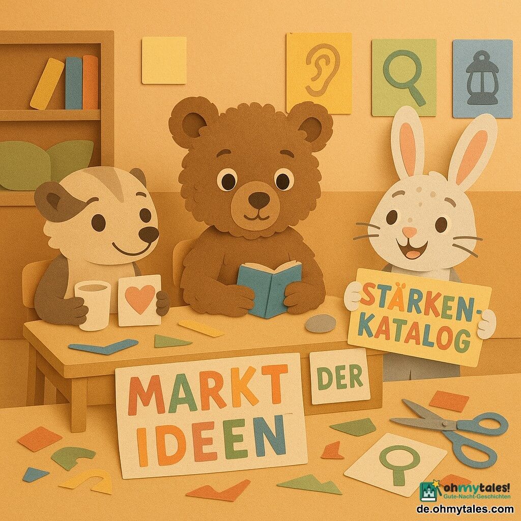 Bram, ein junger Braunbär mit weichem lockigem Fell und konzentriert-ruhigem Blick, sitzt an einem hellen Holztisch, hält ein blaues Notizbuch und einen glatten grauen Kiesel in der Pfote; links von ihm Mila, ein kleines Wiesel mit fein gezeichnetem gestreiftem beige-braunem Fell, lächelt und hält einen Becher Wasser und zeigt ein Herz auf einem Blatt; rechts Jaro, ein Hase mit großen rosa Ohren und gesprenkeltem weißem Fell, präsentiert ein buntes Schild mit der Aufschrift Stärken-Katalog; im warmen Klassenzimmerhintergrund Regale aus Holz, grüne Sitzkissen, bunte Plakate sowie verstreute Scheren und Papierschnipsel; Szene: die drei Tierkinder präsentieren ruhig ihren Stand beim Markt der Ideen mit bunten Plakaten, Symbolen (Ohr, Lupe, Laterne) und kleinen Karten; sanftes Licht, überlagerte Papiertexturen, präzise Konturen und warme Farben.