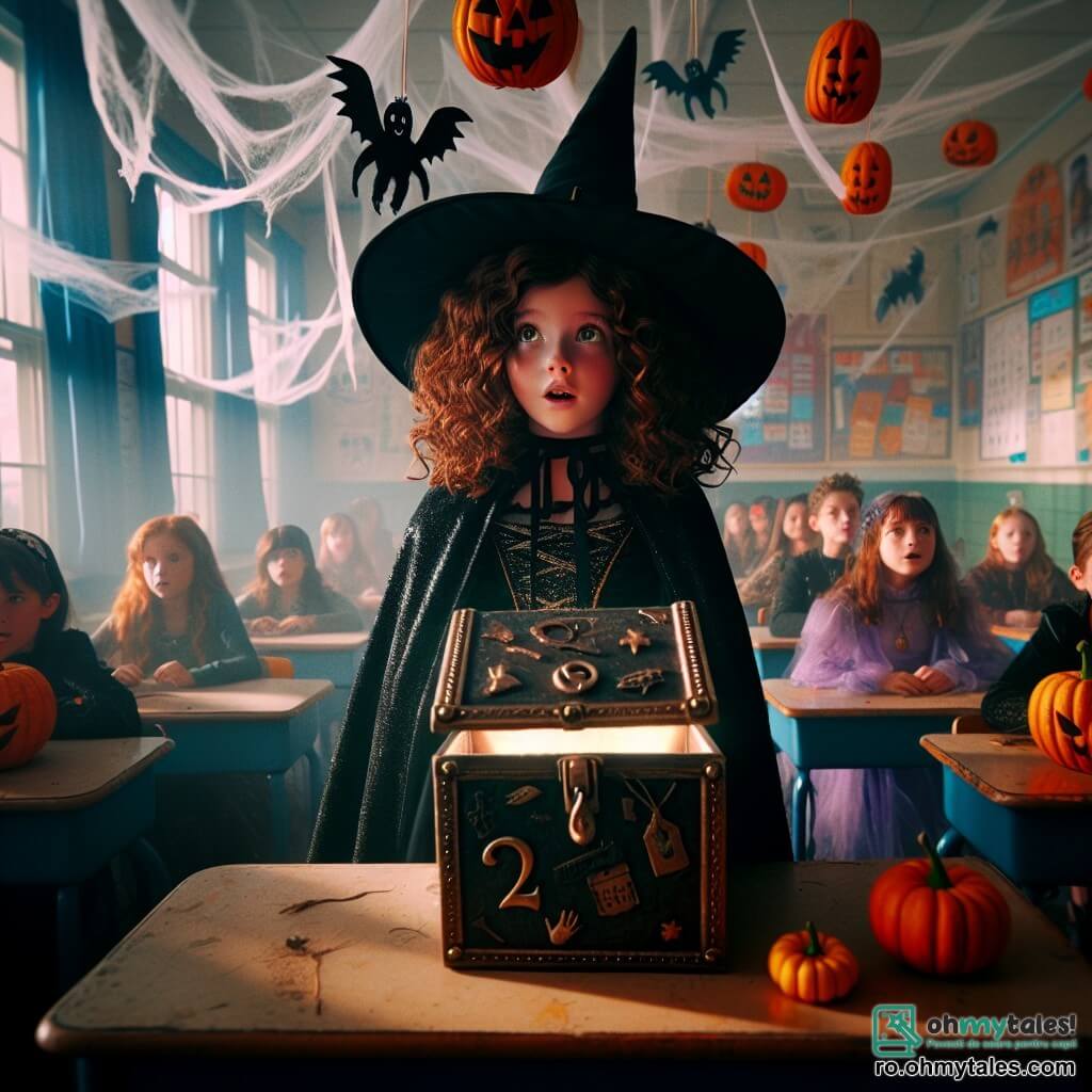 O fată de 12 ani, Ana, cu părul castaniu ondulat și ochi verzi strălucitori, stă în centrul unei săli de clasă decorate pentru Halloween. Ea poartă un costum de vrăjitoare negru cu o mantie mare și o pălărie ascuțită, afișând un zâmbet uimit și curios în timp ce deschide o cutie muzicală misterioasă. Lângă ea, cea mai bună prietenă Maria, tot de 12 ani, are părul lung și drept, purtând o rochie de vrăjitoare violetă. Ea privește cutia cu o expresie de entuziasm amestecat cu teamă, stând puțin înapoi, cu mâinile pe șolduri. Sala de clasă este plină de decorațiuni de Halloween: pânze de păianjen suspendate de tavan, fantome din hârtie agățate de pereți și dovleci sculptați care strălucesc ușor în lumina difuză. Colegii de clasă, toți în costume variate, sunt așezați la birouri, observând scena cu ochii mari. Situația principală o arată pe Ana deschizând cutia muzicală, în timp ce o ceață misterioasă începe să iasă, umplând camera cu o atmosferă magică și intrigantă, captând atenția tuturor copiilor prezenți.