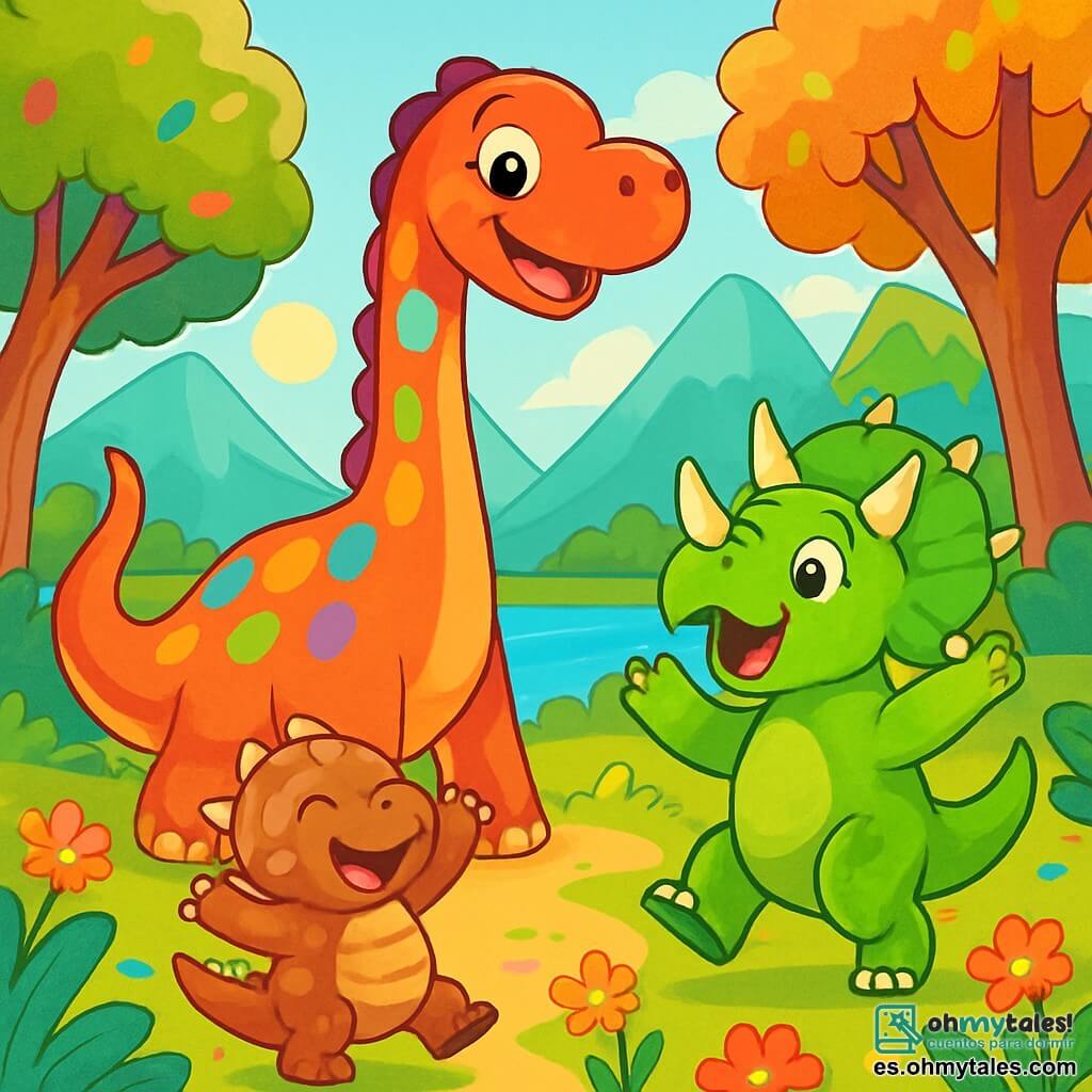Un diplodocus llamado Domu, con un largo cuello y una piel cubierta de manchas brillantes de arcoíris, sonríe alegremente mientras mira a sus amigos. Sus ojos brillan de felicidad y su gran cola está levantada en señal de emoción. A su lado, Tula, un triceratops con cuernos afilados y piel verde, salta de alegría, sus ojos abiertos de sorpresa. Mino, un pequeño ankylosaurus con escamas marrones, está cerca de Domu, levantando las patas en el aire mientras ríe. La escena tiene lugar en un valle verde, rodeado de majestuosas montañas, con árboles gigantes de hojas coloridas y flores brillantes que bailan al viento. Al fondo, un lago azul brilla bajo el sol, reflejando los colores vivos de los dinosaurios. Domu y sus amigos acaban de liberar un camino bloqueado por una gran roca, y celebran su victoria juntos, riendo y bailando a la luz dorada del día.