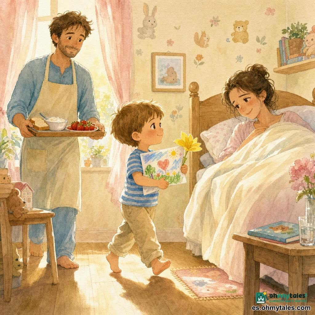 Un niño de 4 años, rostro redondo, cabello castaño claro corto, ojos grandes y brillantes, expresión tierna y concentrada, lleva camiseta a rayas azules y pantalón beige; sostiene un dibujo colorido y una flor de papel amarilla y camina de puntillas. Un hombre (padre, ~35 años), con barba de varios días, cabello castaño despeinado, sonrisa suave y delantal claro, sostiene una bandeja con un cuenco de yogur, rebanadas de pan y fresas rojas, caminando en silencio detrás del niño. Una mujer (madre, ~33 años), pelo largo recogido en un moño suelto, ojos cansados pero sonrientes, cubierta hasta el pecho, está sentada en una cama grande con cabecero de madera mirando con ternura. Habitación luminosa de mañana: sol cálido que forma una mancha dorada en el suelo de madera, cortinas translúcidas rosas, paredes crema con pocos adhesivos de animales, mesa pequeña y felpudo junto a la cama; ambiente suave y tranquilo. Escena principal: momento silencioso y afectuoso en el que el niño lleva el desayuno y su dibujo a la madre en la cama, la bandeja es colocada delicadamente por el padre; gestos lentos y respetuosos, atmósfera íntima y luminosa en tonos pastel con toques de rojo fresa y amarillo.
