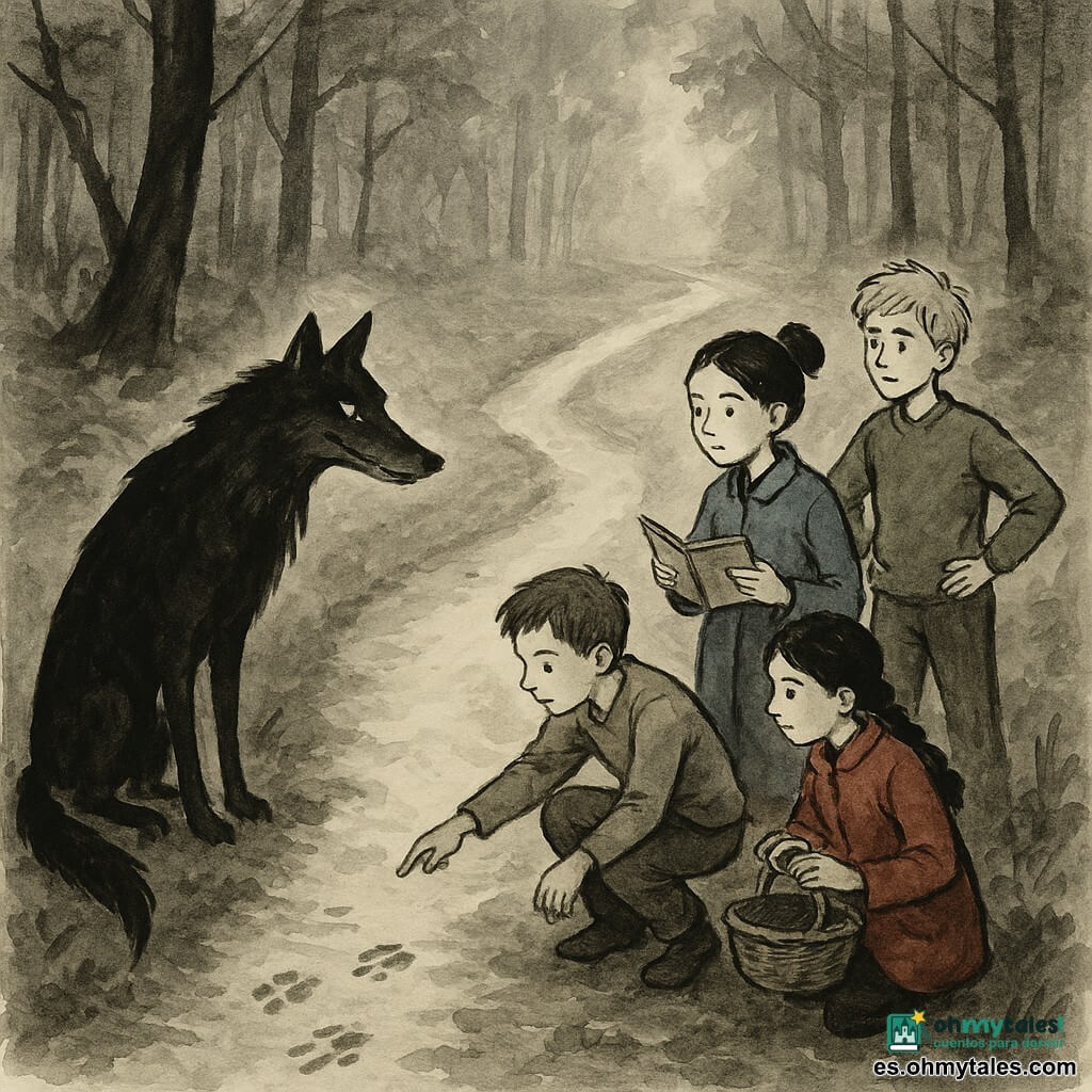 Hay cinco personajes: Vera, niña de unos 11 años, trenza y chaqueta roja, al centro-izquierda del sendero sosteniendo un pequeño cesto; Tomás, niño de unos 11 años, pelo corto castaño y pantalones embarrados, a la derecha de Vera agachado señalando huellas; Inés, niña de unos 11 años, pelo negro recogido y abrigo azul, al frente del grupo con un cuaderno y lápiz; Bruno, niño de unos 11 años, pelo rubio despeinado y suéter verde, detrás a la derecha con las manos en las caderas; y el lobo, gran cánido oscuro de pelaje casi negro y ojos amarillos, en el lado izquierdo del cruce proponiendo un atajo. Lugar: una bifurcación en un bosque denso de troncos oscuros, suelo cubierto de hojas húmedas y musgo, un pequeño arroyo lodoso junto al camino torcido y luz crepuscular con niebla alrededor de las raíces. Situación: el lobo seduce con un atajo desde la sombra mientras los cuatro niños, agrupados en el sendero recto, dudan pero permanecen vigilantes; Inés muestra su cuaderno como evidencia, Tomás señala las huellas, Vera aprieta el cesto y Bruno observa escéptico, tensión entre la tentación del camino torcido y la prudencia del camino derecho.