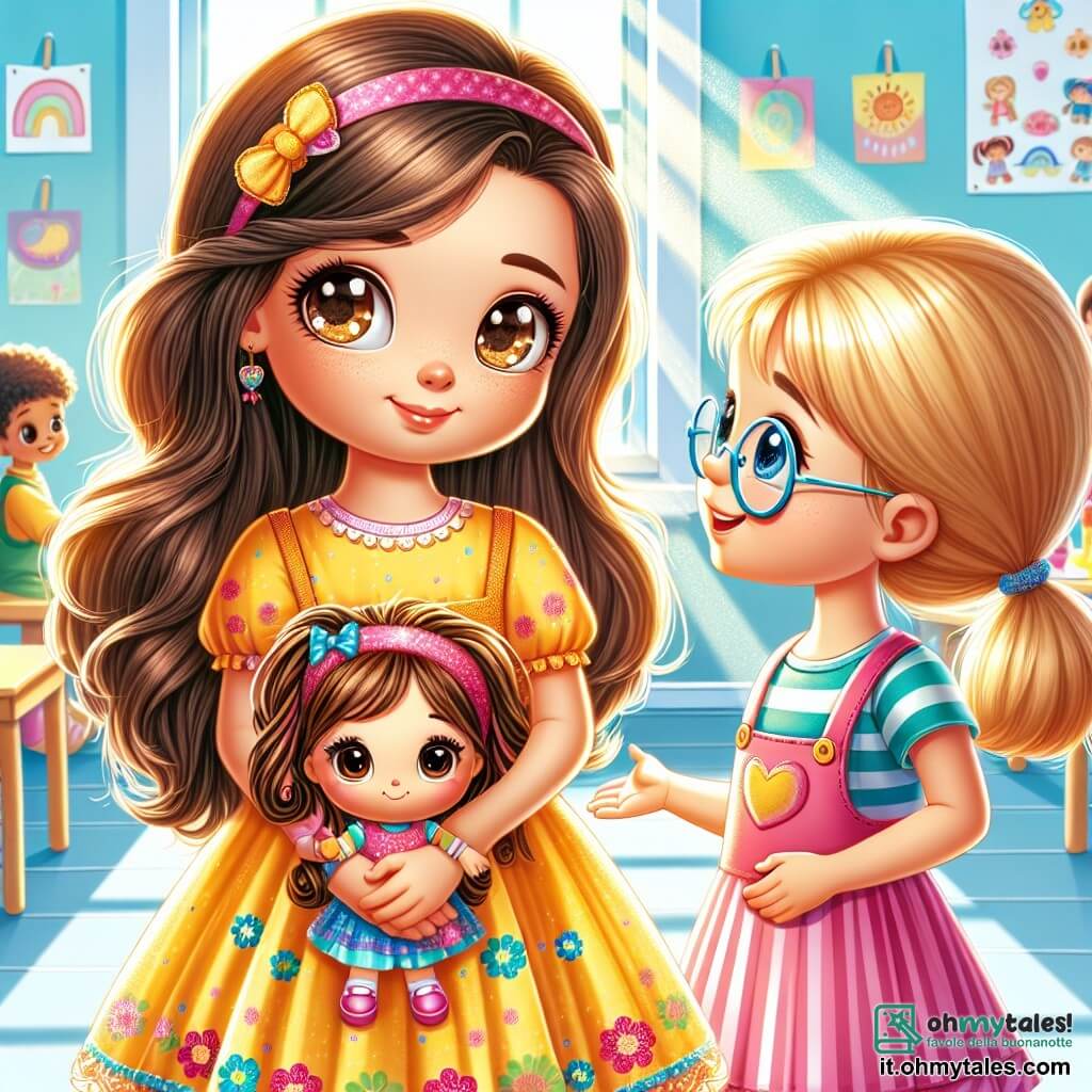 Una ragazza di 6 anni, di nome Giulia, si trova al centro dell'immagine. Ha lunghi capelli castani, occhi vivaci e un sorriso timido ma determinato. Indossa un vestito giallo brillante con motivi floreali colorati e tiene una piccola bambola tra le braccia, mostrando emozioni di coraggio e speranza. Alla sua destra, un'altra ragazza, Sofia, anch'essa di 6 anni, con capelli biondi e occhiali rotondi, sorride calorosamente a Giulia, pronta a invitarla a giocare. Il contesto è un'aula luminosa, con pareti dipinte di azzurro chiaro, disegni di bambini appesi e banchi di legno colorati. I raggi di sole filtrano dalle finestre, illuminando lo spazio. La scena principale mostra Giulia e Sofia che discutono allegramente, mentre altri bambini sullo sfondo si divertono insieme, creando un'atmosfera di amicizia e sostegno.
