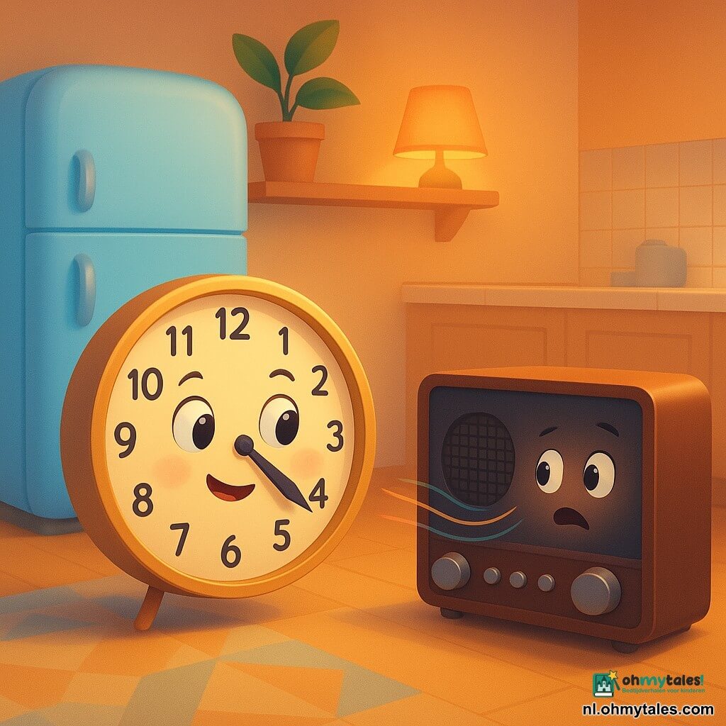 Kaatje, een antropomorfe wandklok met crème wijzerplaat en glanzende grote wijzers, buigt nieuwsgierig voorover terwijl haar zichtbare, fonkelende tandwielen luisteren naar een donkere houten vintage radio met metalen knoppen en knipperend lampje dat gekleurde golflijntjes uitzendt; een grote pastelblauwe koelkast met een geel post-it lacht zacht vanaf links tegen de keukendeur. De gezellige open woonkeuken heeft licht parket, een geometrisch vloerkleed, planten op een plank en warme lampverlichting op een ronde tafel, gouden namiddaglicht en zachte schaduwen. Situatie: de kleine klok-detective ontdekt een oude voicemail op de radio — een rustige, vreugdevolle onthulling; compositie gecentreerd op de klok tegenover de radio, vriendelijke sfeer, verzadigde pasteltinten en gladde verlopen texturen met lichte accenten op de tandwielen en het lampje.