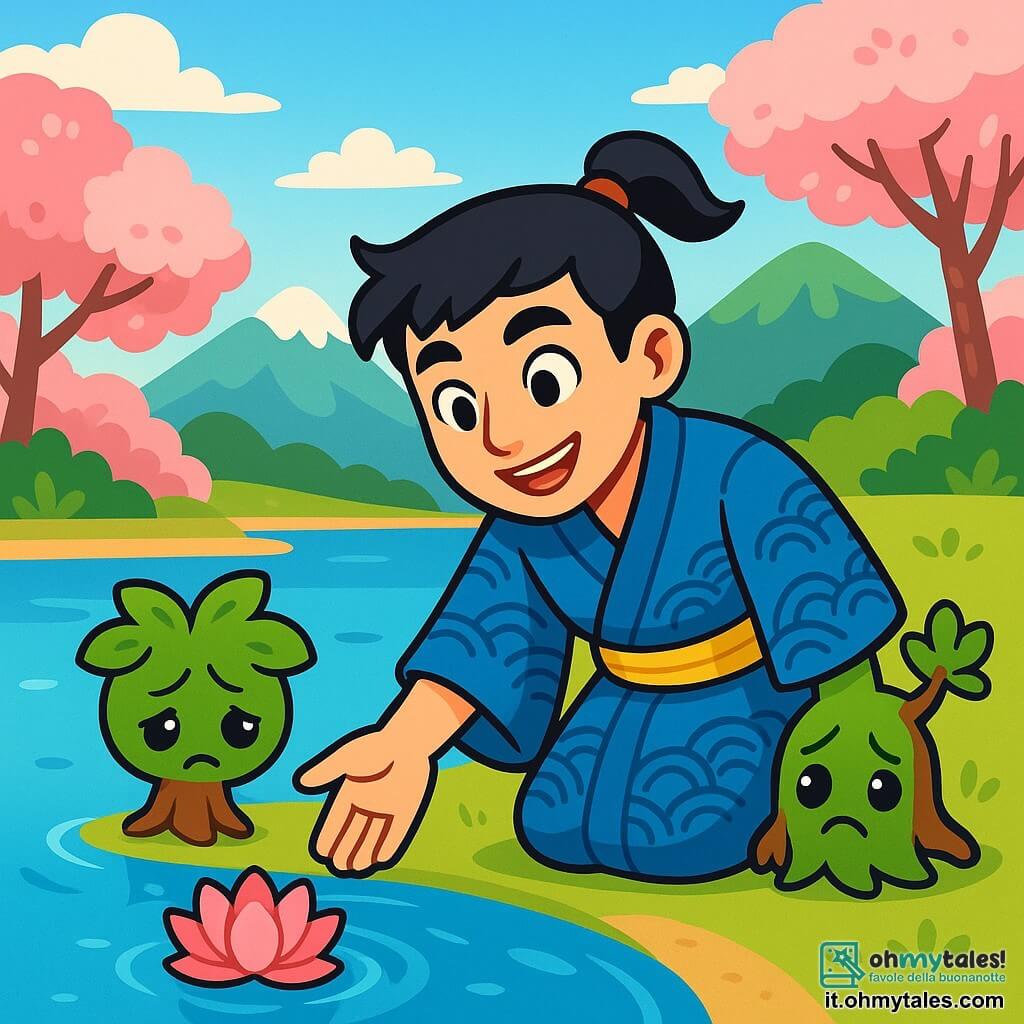 Un giovane di nome Takeshi, di circa 20 anni, si trova al bordo di un lago scintillante, con occhi pieni di determinazione e un sorriso caloroso. Indossa un kimono tradizionale blu, decorato con motivi di onde, e i suoi capelli neri sono raccolti in una coda di cavallo. Takeshi sta allungando la mano verso un magnifico loto rosa che galleggia sulla superficie dell'acqua, il suo viso irradia speranza. Accanto a lui, un obake, uno spirito a forma di piccolo albero, appare triste e vulnerabile, con foglie verdi e occhi dolci, osserva il loto con una luce di speranza. Il paesaggio è un lago tranquillo circondato da montagne verdi, con ciliegi in fiore che aggiungono un tocco di rosa. Il cielo è di un blu brillante, punteggiato da nuvole bianche e soffici. La scena principale mostra Takeshi, determinato a salvare il suo amico obake, mentre allunga la mano verso il loto, simbolo di bontà e generosità, pronto a spezzare l'incantesimo che lo tiene prigioniero.