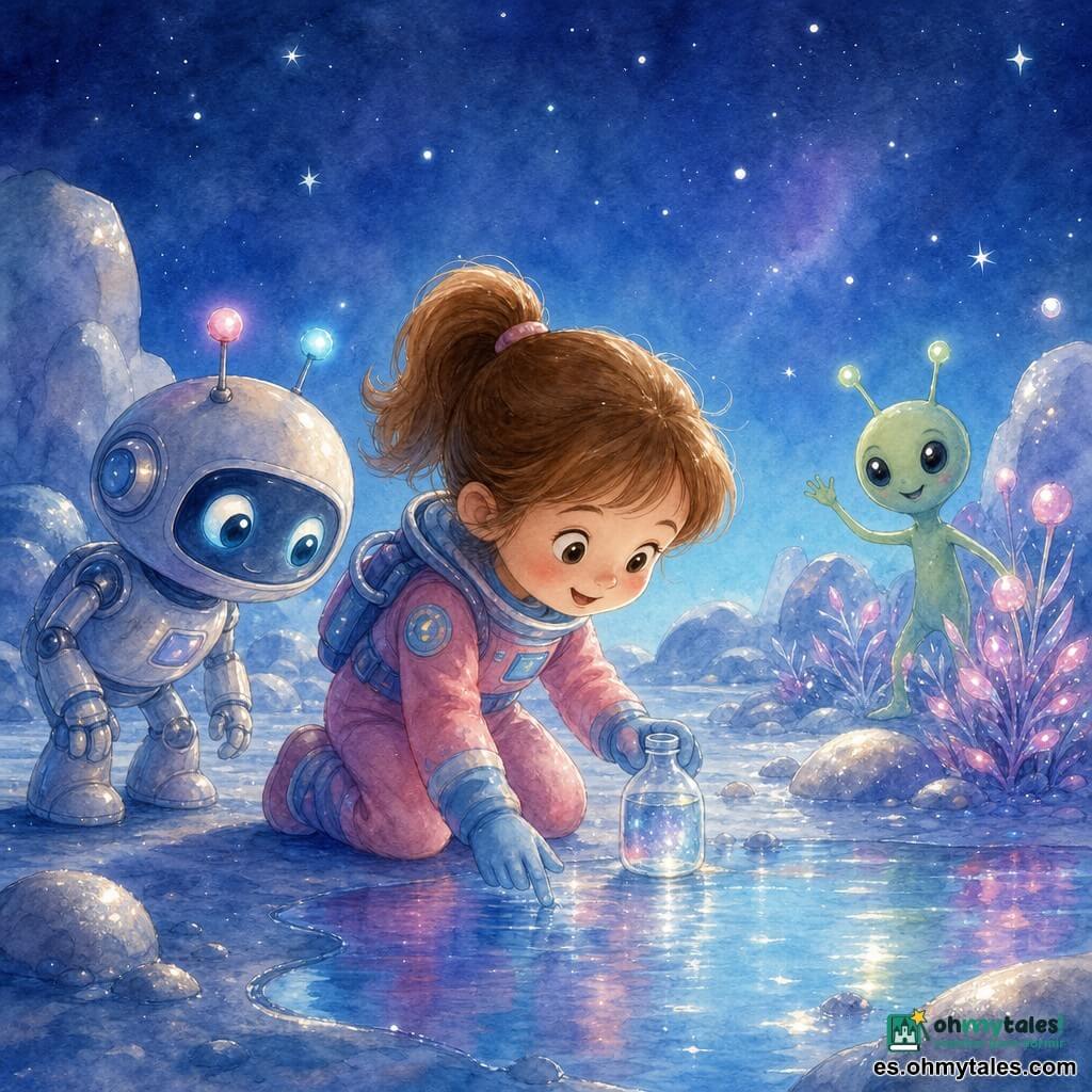 La protagonista es Ana, una joven alegre de rostro redondo y coleta, con traje espacial rosa y azul, arrodillada recogiendo agua en un frasco de una charca brillante; detrás la vigila Robi, un pequeño robot metálico de ojos luminosos y antenas parpadeantes, y junto a un matorral de plantas luminosas un pequeño extraterrestre verde de grandes ojos saluda amistosamente; el paisaje es un planeta azul con suelo liso, charcas espejadas, plantas fosforescentes rosas y violetas, rocas redondeadas con polvo plateado y un cielo estrellado, atmósfera de aventura tranquila y respeto por el planeta.