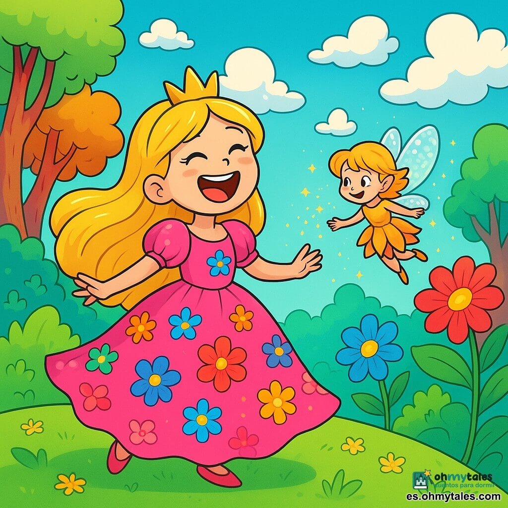 Una princesa alegre, de unos 8 años, con largos cabellos dorados brillantes como el sol, lleva un vestido rosa brillante adornado con flores multicolores. Ríe a carcajadas, con los ojos brillando de emoción, mientras baila en una colina verde. A su lado, un hada traviesa, pequeña y luminosa, con alas brillantes y un vestido hecho de pétalos de flores, vuela a su alrededor lanzando chispas de magia. Al fondo, se despliega un paisaje encantador: árboles gigantes con troncos coloridos, flores gigantes de tonos vivos y un cielo azul salpicado de nubes con forma de caramelos. La escena representa la fiesta mágica que la princesa y las hadas organizan, llena de risas y colores vibrantes, donde la alegría y la amistad iluminan el reino encantado.
