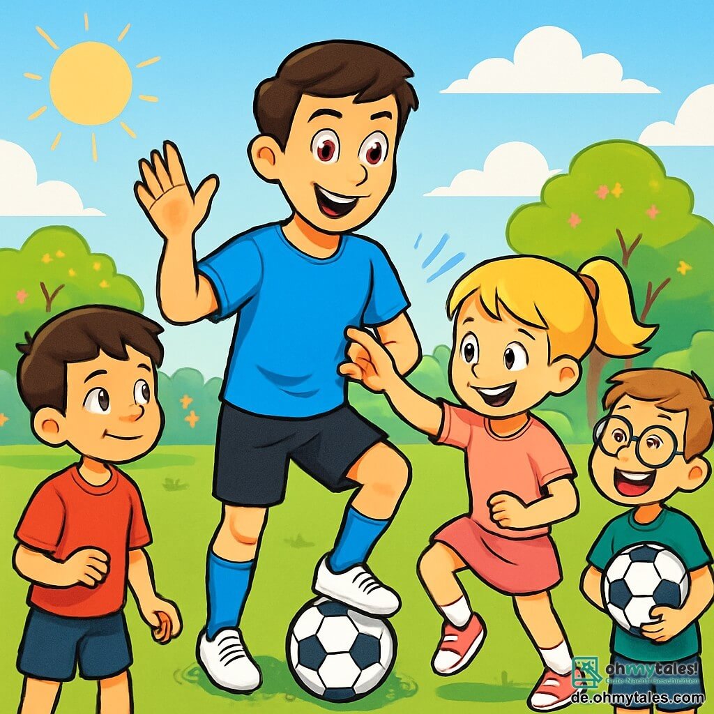 Ein Mann, Leo, steht im Mittelpunkt des Bildes, lächelnd mit funkelnden Augen vor Aufregung. Er trägt ein leuchtend blaues Fußballtrikot, schwarze Shorts und weiße Sportschuhe. Er zeigt den Kindern, wie man den Ball dribbelt, mit einer dynamischen Handbewegung. Um ihn herum sind mehrere Kinder im Alter von 8 bis 10 Jahren. Ein Junge mit braunen Haaren in einem roten T-Shirt schaut Leo bewundernd an, während ein Mädchen mit blonden Haaren in einem rosa Sportrock versucht, seine Bewegungen mit einem breiten Lächeln nachzuahmen. Ein anderer Junge mit Brille und einem grünen Trikot lacht und hält einen Fußball unter dem Arm. Die Szene spielt auf einem grünen Fußballfeld, umgeben von blühenden Bäumen und einer kleinen Schule im Hintergrund. Der Himmel ist blau mit einigen fluffigen weißen Wolken, und die Sonne scheint, was eine fröhliche und ausgelassene Atmosphäre schafft. Leo lehrt die Kinder die Bedeutung von Teamarbeit und Kommunikation und zeigt Fußballgesten, was eine Atmosphäre von Kameradschaft und Lernen schafft.