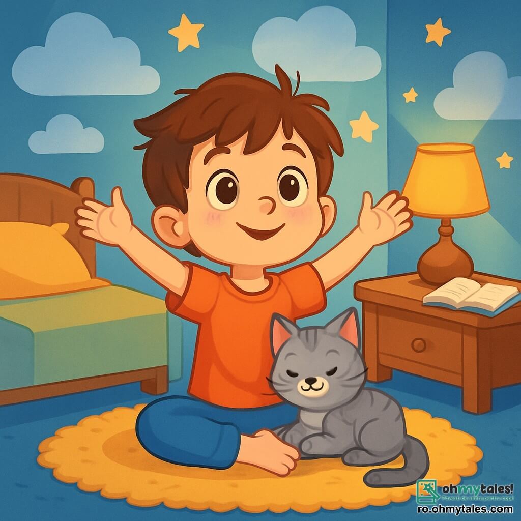 Un băiat de 6 ani, pe nume Luca, cu părul castaniu în dezordine și ochi mari și strălucitori, stă pe un covor moale. Zâmbește senin și visător, cu brațele întinse ca și cum ar vrea să îmbrățișeze cerul. Lângă el, un pisoi gri cu ochi verzi, pe nume Miau-Miau, se cuibărește lângă el, ronronind ușor, creând o atmosferă liniștită. Scena se desfășoară într-o cameră călduroasă, cu pereții vopsiți în albastru pastel, decorată cu nori și stele strălucitoare. O lampă blândă luminează camera, proiectând umbre dansante pe pereți, în timp ce o carte deschisă stă pe noptieră, cu paginile ușor întoarse de o briză ușoară. Luca, în timpul unei sesiuni de yoga, este în postura Flambeau, cu brațele ridicate spre cer, în timp ce pisoiul îl observă cu curiozitate. Atmosfera este calmă și magică, plină de culori blânde și lumină liniștitoare, invitând la visare și serenitate.