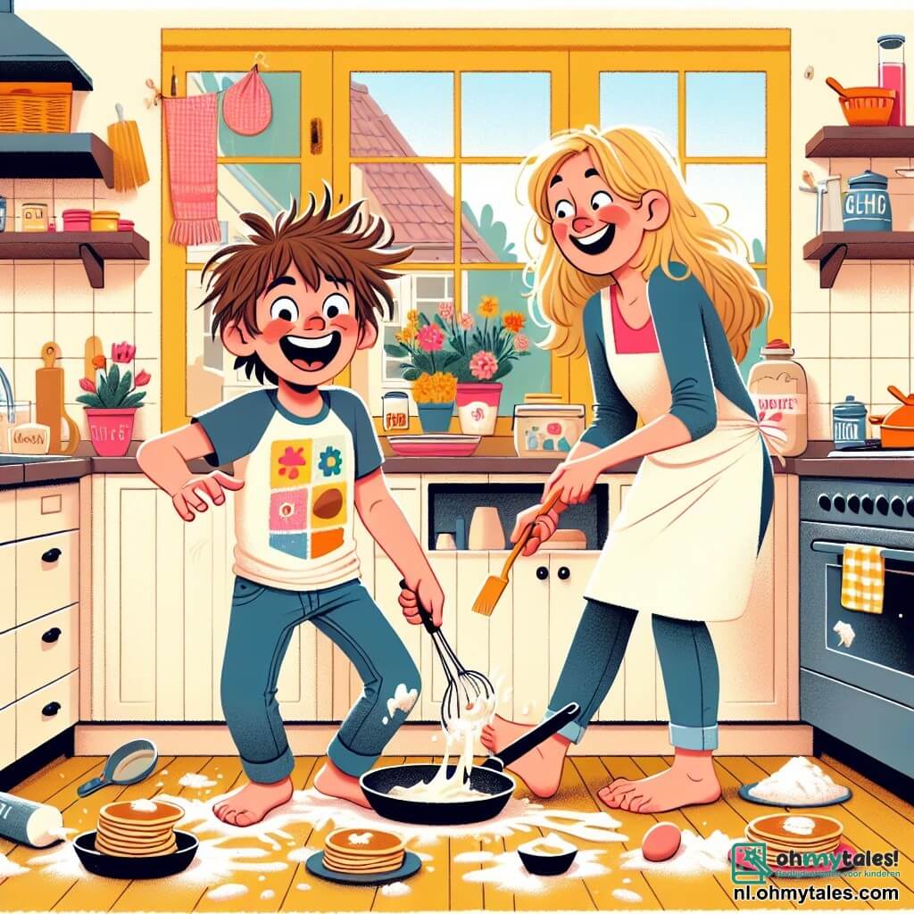 Een 9-jarig jongetje, Max, met rommelig bruin haar en een grote glimlach op zijn gezicht, staat in het midden van de keuken, omringd door bloem en verspreide ingrediënten. Hij draagt een kleurrijk t-shirt en een iets te grote schort, wat hem nog schattiger maakt. Naast hem staat zijn moeder, Lotte, een vrouw van in de dertig met lang blond haar, die haar zoon met een vrolijke en trotse blik observeert. Ze draagt een casual broek en een licht topje, en staat dicht bij het fornuis, klaar om hem te helpen terwijl ze om de situatie lacht. De keuken is licht en uitnodigend, met gele muren en ramen die zonlicht binnenlaten. Kleurrijke bloempotten staan op de vensterbank, en er hangt een heerlijke geur van pannenkoeken in de lucht. Max, met een uitdrukking van opwinding en vastberadenheid, probeert een pannenkoek in de pan om te draaien, maar deze glijdt en valt op de grond, wat een algemene lachbui teweegbrengt. Het is een vrolijk en chaotisch moment, vol liefde en saamhorigheid tussen moeder en zoon.
