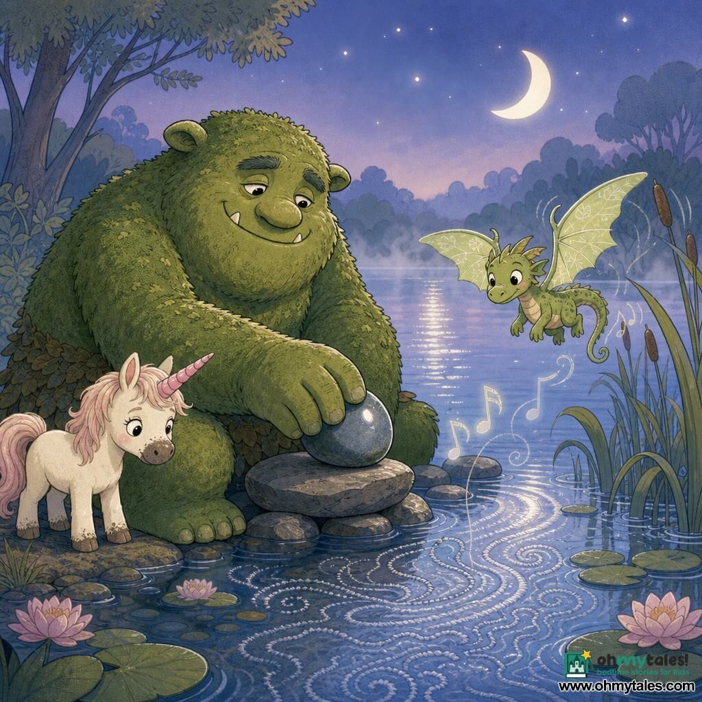 An ogre named Moss, tall and round with moss-velvet green skin and a gentle tired smile, sits at the edge of Lullaby Lake placing a large shiny stone rhythmically on a flat rock while a cat-sized dragon called Pip with translucent leaf-colored wings flutters above the reeds to his right and a tiny cream-colored unicorn named Nini with a muddy snout and pink spiral horn stands shyly by his left knee; the twilight scene is bathed in soft bluish light with silver moon reflections, ribbon-like reeds, rounded lilies and a light milky mist as the lake, half-mirror half-embroidery, begins to sing softly to the added sounds of wings and hoofsteps.