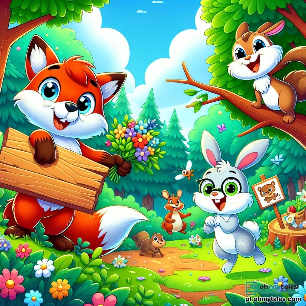 Riki, a raposa, é uma pequena raposa de pelos ruivos brilhantes e olhos curiosos, sorrindo alegremente enquanto segura um painel de madeira com o nome do seu clube, "Os Amigos da Floresta". Ao seu lado, Lili, a coelhinha vaidosa de grandes orelhas e pelagem branca, salta de alegria, segurando um buquê de flores coloridas, seu rosto radiante de entusiasmo. Tico, o pequeno esquilo de pelagem marrom e cauda fofa, sobe em um galho, rindo enquanto segura uma pequena placa decorada com desenhos de animais. Ao fundo, a floresta é exuberante, com árvores verdes de folhas brilhantes, flores coloridas espalhadas pelo chão e um céu azul salpicado de nuvens brancas e fofas. A cena mostra Riki e seus amigos planejando seu dia de limpeza e piquenique, cercados de risadas e camaradagem, ilustrando o espírito de amizade e cooperação.