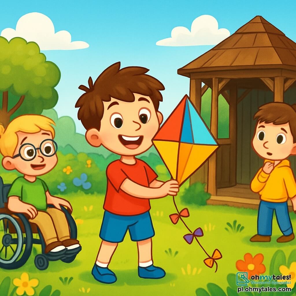 Są trzy postacie: - Tomek: 7-letni chłopiec z potarganymi brązowymi włosami i błyszczącymi oczami. Ma na sobie czerwoną koszulkę i niebieskie szorty. Stoi na środku, uśmiechając się z wielkim entuzjazmem, trzymając kolorowy latawiec. - Kuba: 8-letni chłopiec z blond włosami i okrągłymi okularami. Siedzi na wózku inwalidzkim, ubrany w zieloną koszulkę i beżowe spodnie. Patrzy z zachęcającym uśmiechem, gotowy pomóc przyjaciołom. - Piotruś: 6-letni chłopiec z kasztanowymi włosami i różowymi policzkami. Ma na sobie żółtą bluzę i niebieskie spodnie. Jest nieco z tyłu, obserwując starą altankę z mieszanką ciekawości i lęku. Miejsce to słoneczny ogród, pełen kolorowych kwiatów i zielonych drzew. W tle stoi stara drewniana altanka, której drzwi cicho skrzypią na wietrze. Niebo jest niebieskie z kilkoma puszystymi białymi chmurami. Główna sytuacja pokazuje trzech przyjaciół eksplorujących ogród, przy czym Piotruś waha się przy altance, podczas gdy Tomek zbliża się z latawcem, a Kuba zachęca go uspokajającym uśmiechem. Atmosfera jest radosna, ale lekko tajemnicza, uchwycając moment, w którym Piotruś stawia czoła swoim lękom.