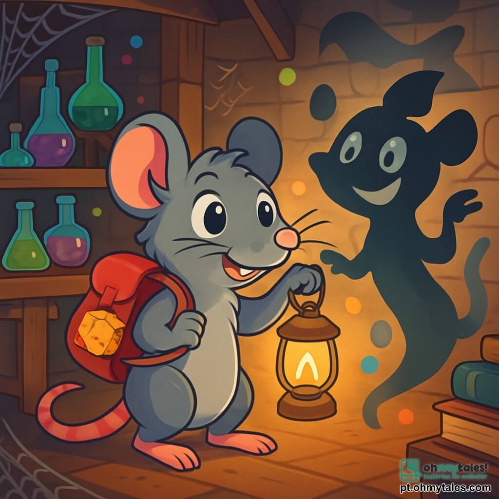 Pipoca, uma pequena rata cinza com olhos brilhantes e grandes bigodes, está no centro de um laboratório antigo, com um rosto que expressa curiosidade e um leve tremor de excitação. Ela usa uma pequena mochila vermelha, cheia de queijo, e segura uma lanterna que ilumina seu caminho. À sua direita, a Sombra Sombra, uma silhueta borrada e dançante, assume a forma de um guaxinim brincalhão, com um sorriso largo e amigável. O laboratório está repleto de móveis antigos de madeira, tubos de vidro coloridos e livros empoeirados. Teias de aranha pendem do teto, e luzes cintilantes emanam de frascos misteriosos, criando uma atmosfera intrigante e levemente assustadora. A cena mostra Pipoca se aproximando da Sombra, pronta para descobrir os segredos do laboratório, enquanto bolhas coloridas flutuam ao redor delas, simbolizando a amizade crescente e a aventura que as espera.