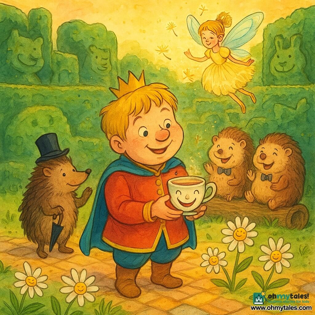 Prince Pipkin appears at the center with a round, chubby face, strawberry nose, tufted light-blond hair and a joyful, mischievous expression, tilting his head and holding delicately a small laughing teacup; to his left Sir Hedgehog, an anthropomorphic hedgehog in a top hat with shiny quills, curious eyes, a miniature umbrella and a tip of his hat; three secondary hedgehogs in bowties and monocles sit on a stump in the background, round and fluffy brown-and-cream, laughing and clapping; Tilly Tickle, a fairy girl of about ten, flies just above in a pale dandelion-dust dress with iridescent translucent wings, scattering glowing seeds like confetti; daisies with flexible stems and white petals dance around the prince, some holding a leaf as if applauding; the scene is set in the heart of a hedge maze sculpted into smiling animal shapes, emerald green, on colorful paved tiles with golden sunset light, hanging lanterns and floating dandelion fluff; main moment: a warm, comic scene as the prince has found the "Ticklish Teacup" — the cup laughs and trembles with small colorful waves of laughter, joyful atmosphere, bright colors and delicate ink lines, centered, clear composition.