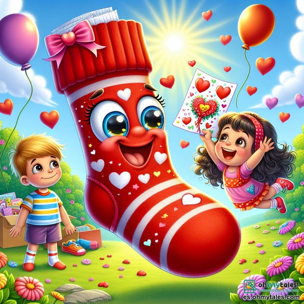 Ilustración de un calcetín rojo sonriente, con ojos brillantes y un pequeño lazo rosa, flotando alegremente en el aire. Expresa gran emoción y alegría contagiosa mientras sostiene una tarjeta de San Valentín decorada con corazones y estrellas. A su lado, una niña de cabello castaño y rizado, vestida con un vestido colorido, mira con asombro al calcetín, sonriendo ampliamente por la sorpresa que está preparando. Un niño de cabello rubio, con una camiseta a rayas y un short, observa con curiosidad y una sonrisa tímida, listo para unirse a la aventura. El escenario es un parque soleado, lleno de flores coloridas y grandes árboles de hojas verdes. Globos flotan en el aire y niños juegan alegremente a su alrededor. La situación principal muestra al calcetín rojo y a la niña preparando tarjetas de San Valentín para sus amigos, creando un ambiente de camaradería y compartir. Elementos gráficos adicionales incluyen corazones flotantes a su alrededor, estrellas brillantes en el cielo azul y un gran cartel de papel con mensajes de amistad y amor.