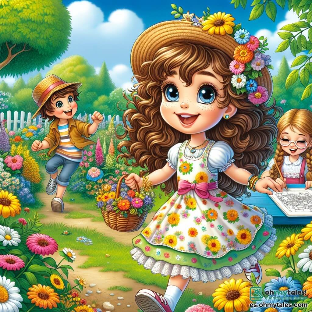 Una niña de 9 años, llamada Sofía, con grandes ojos curiosos y cabello rizado castaño, lleva un vestido colorido con flores amarillas. Sonríe alegremente, sosteniendo una cesta llena de flores mientras corre por un jardín en plena floración. A su lado, su mejor amigo Tomás, un niño de 10 años con un sombrero de paja y gafas de sol, ríe sosteniendo un mapa del tesoro. Clara, una niña de 9 años con trenzas rubias, está sentada en la hierba, dibujando el jardín con lápices de colores. El jardín es un lugar mágico, lleno de flores brillantes de todos los colores, grandes árboles verdes y un cielo azul claro con nubes blancas esponjosas. En el centro de esta escena, Sofía y sus amigos participan en una alegre búsqueda del tesoro de primavera, buscando tesoros escondidos mientras ríen y se divierten juntos.