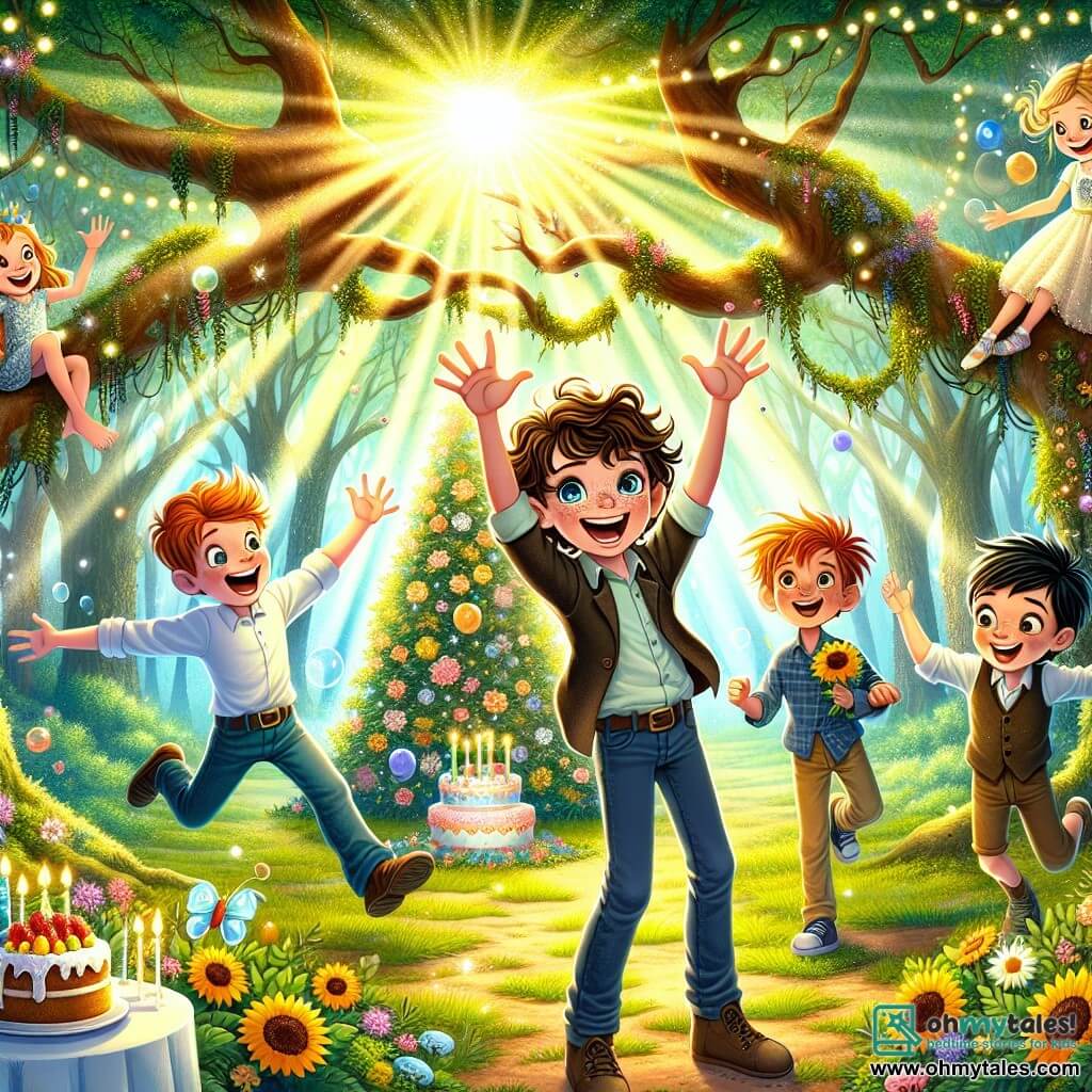 In a sunny clearing of the enchanted forest, Max, a nine-year-old boy with curly brown hair and sparkling blue eyes, stands in the center with a big smile on his face, surrounded by his friends. To his right, Sam, a boy with messy red hair and freckles, raises his arms in excitement. To the left, Leo, a tall and thin boy with glasses, watches the scene with a look of wonder. Finally, Oliver, an energetic boy with short black hair, jumps for joy with his arms raised. Behind them, a majestic tree adorned with sparkling lights and colorful garlands stands proudly, while a table filled with birthday treats like cupcakes and a large sunflower-decorated cake is set at the foot of the tree. The scene exudes a magical party atmosphere, with fairy creatures joyfully dancing around them, bubbles floating in the air, and rays of sunlight filtering through the leaves, creating an enchanting tableau of joy and friendship.