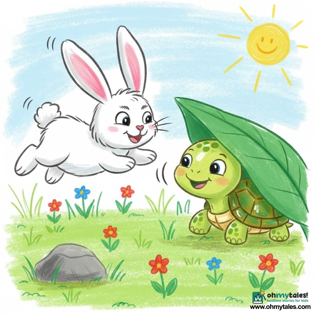 A small smiling turtle with a shiny green-and-yellow shell peeks from under a large leaf while a white fluffy rabbit with pink ears hops nearby searching; a bright garden of green grass, red and blue flowers, a gray rock and a pale blue sky with a smiling yellow sun set the scene for a cheerful hide-and-seek, drawn with soft pencil strokes and rounded outlines.