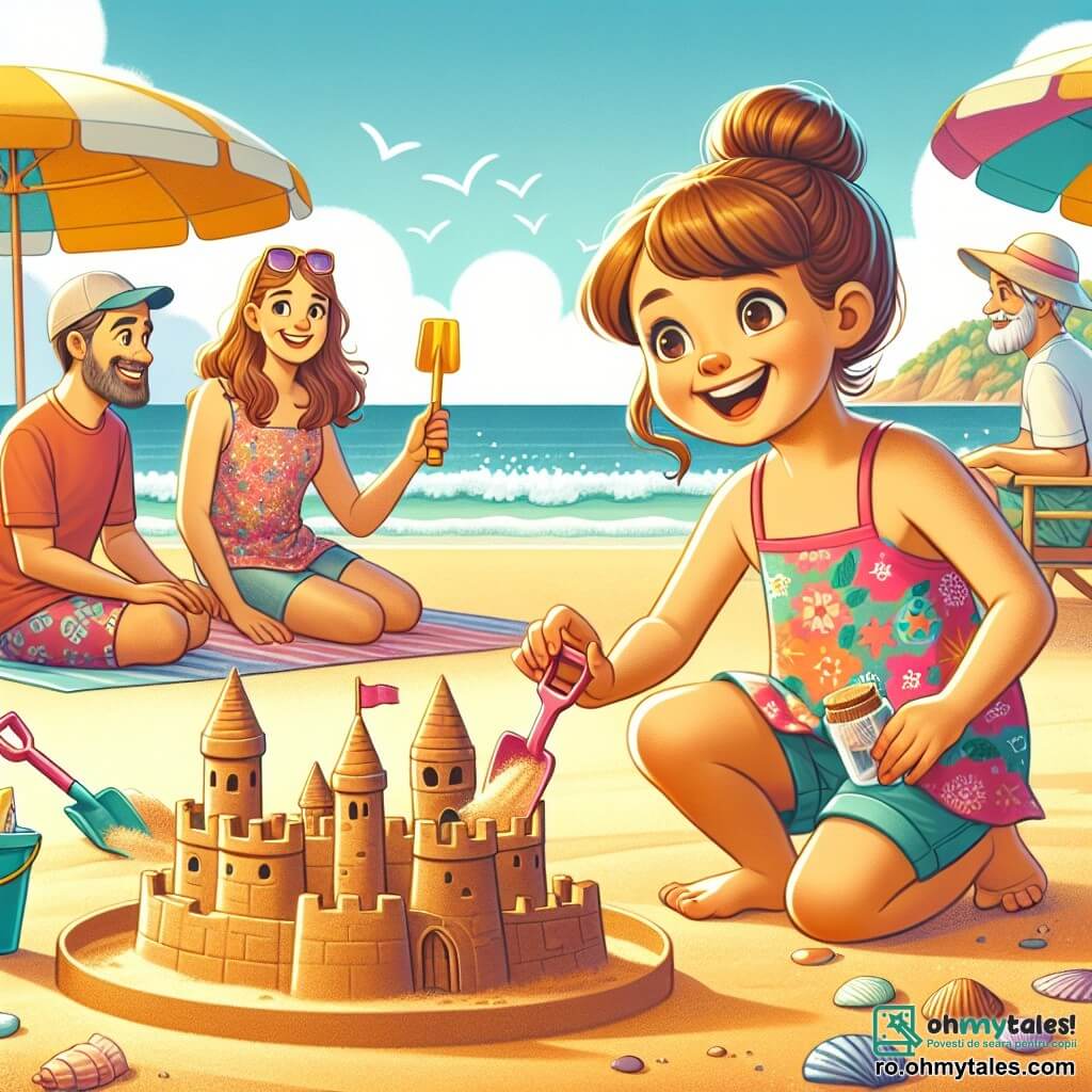 O fetiță de 4 ani, cu părul lung și brunet și ochii strălucind de bucurie, construiește un castel de nisip pe o plajă însorită. Ea poartă un costum de baie colorat și o șapcă mică. Fața ei radiază de entuziasm în timp ce folosește o mică lopată pentru a modela nisipul. Lângă ea, mama ei, o femeie de aproximativ 30 de ani cu părul castaniu prins în coc, zâmbește în timp ce o observă, ținând un prosop de plajă într-o mână și o sticlă de apă în cealaltă. Puțin mai departe, tatăl ei, un bărbat de aproximativ 30 de ani cu o barbă ușoară și ochelari de soare, săpa o groapă în nisip pentru a crea un șanț în jurul castelului, râzând la vederea fiicei sale. Locul este o frumoasă plajă aurie, cu valuri blânde care se sparg pe țărm, umbrele colorate plantate în nisip și scoici împrăștiate ici și colo. Cerul este de un albastru strălucitor, presărat cu câteva nori albi pufoși. Situația principală o arată pe fetiță concentrându-se pe castelul de nisip, înconjurată de familia ei, toți zâmbind și fericiți, bucurându-se de o zi perfectă de vară la mare.