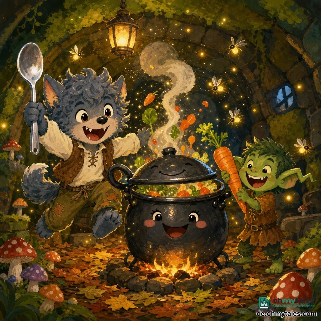 Ein kleiner Werwolfjunge namens Wolle mit lockigem grau-blauem Fell und schelmischen runden Augen lächelt breit, hält einen großen silbernen Löffel und springt im Vordergrund; eine anthropomorphe Gusseisentopf-Dame „Frau Töpferine“ mit beweglichen Ohren und lächelndem Deckel raucht in der Mitte; der Kobold Knickohr, ein kleiner schelmischer Junge mit grüner Haut und gezacktem Ohr, hält eine große orange Karotte und lacht neben dem Topf; goldene Glühwürmchen bilden Lichtpunkte über dem Feuer; Szene in einer runden, moosbedeckten Höhle mit rauen Steinwänden, bunten Pilzen und Blätterteppich unter ihren Pfoten; Zubereitung einer magischen Suppe, warme lebhafte Stimmung mit spritzenden Gemüsestücken, aufsteigendem Dampf und glitzernden Funken; Gouache-Stil mit weichen Strichen, sichtbarer Pinseltextur und satten, kontrastreichen Farben für eine fröhlich-kindliche Atmosphäre.