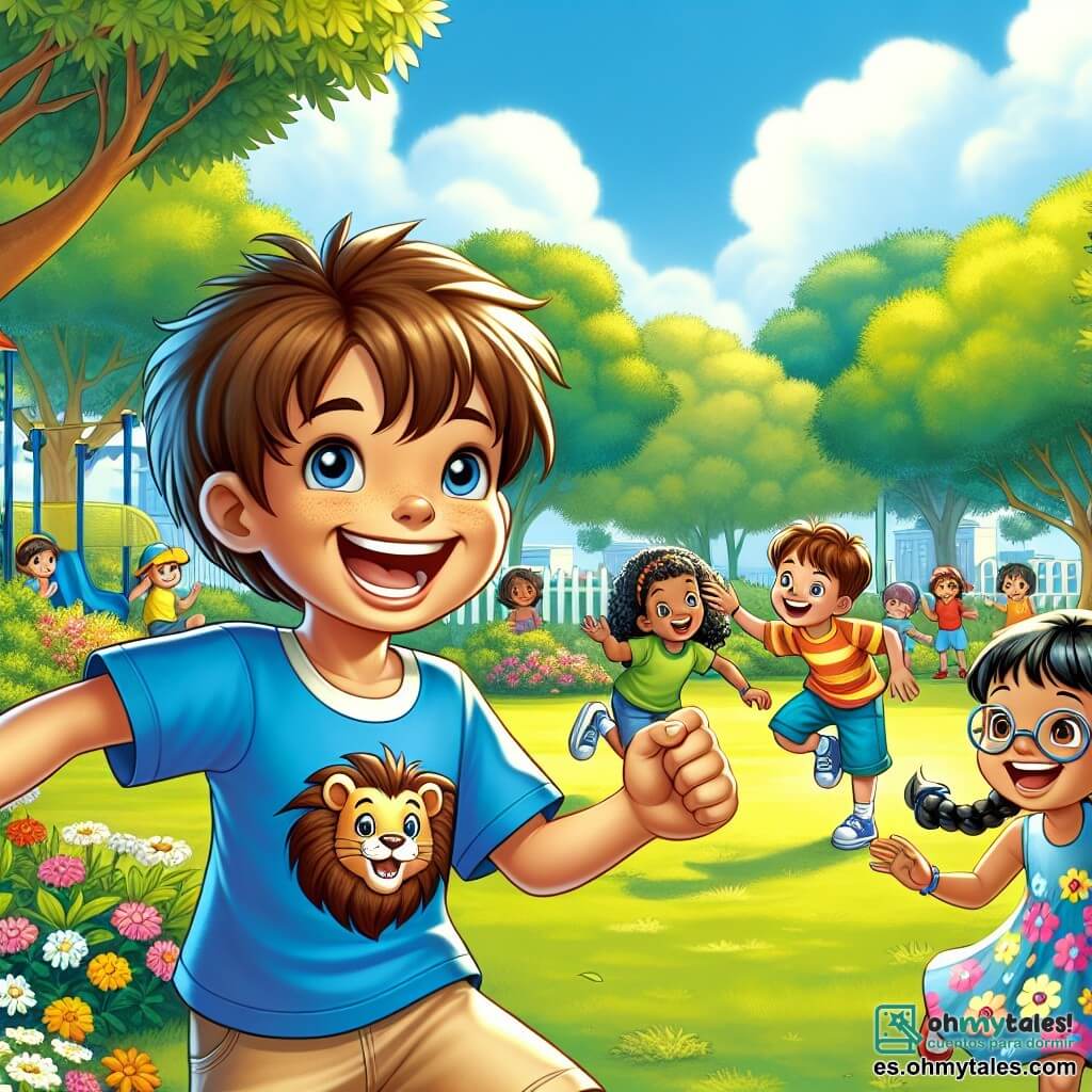 Un niño de 10 años, llamado Carlos, se encuentra en el centro de la imagen, sonriendo con alegría. Tiene el cabello castaño un poco alborotado y lleva una camiseta azul con un diseño de león y un short beige. Está jugando con sus nuevos amigos en un parque soleado, rodeado de vegetación. A su derecha, Valeria, una niña de 10 años con largas trenzas negras, lleva un vestido colorido con flores y ríe mientras le lanza una pelota a Carlos. A su izquierda, Javier, un niño de 10 años con gafas y cabello castaño, corre hacia ellos, sonriendo y listo para atrapar la pelota. El parque está lleno de árboles verdes, flores coloridas y un área de juegos al fondo donde otros niños se divierten. El cielo es de un azul brillante con algunas nubes blancas. La escena principal muestra a Carlos, Valeria y Javier jugando juntos, simbolizando la amistad y la alegría de estar en la escuela.