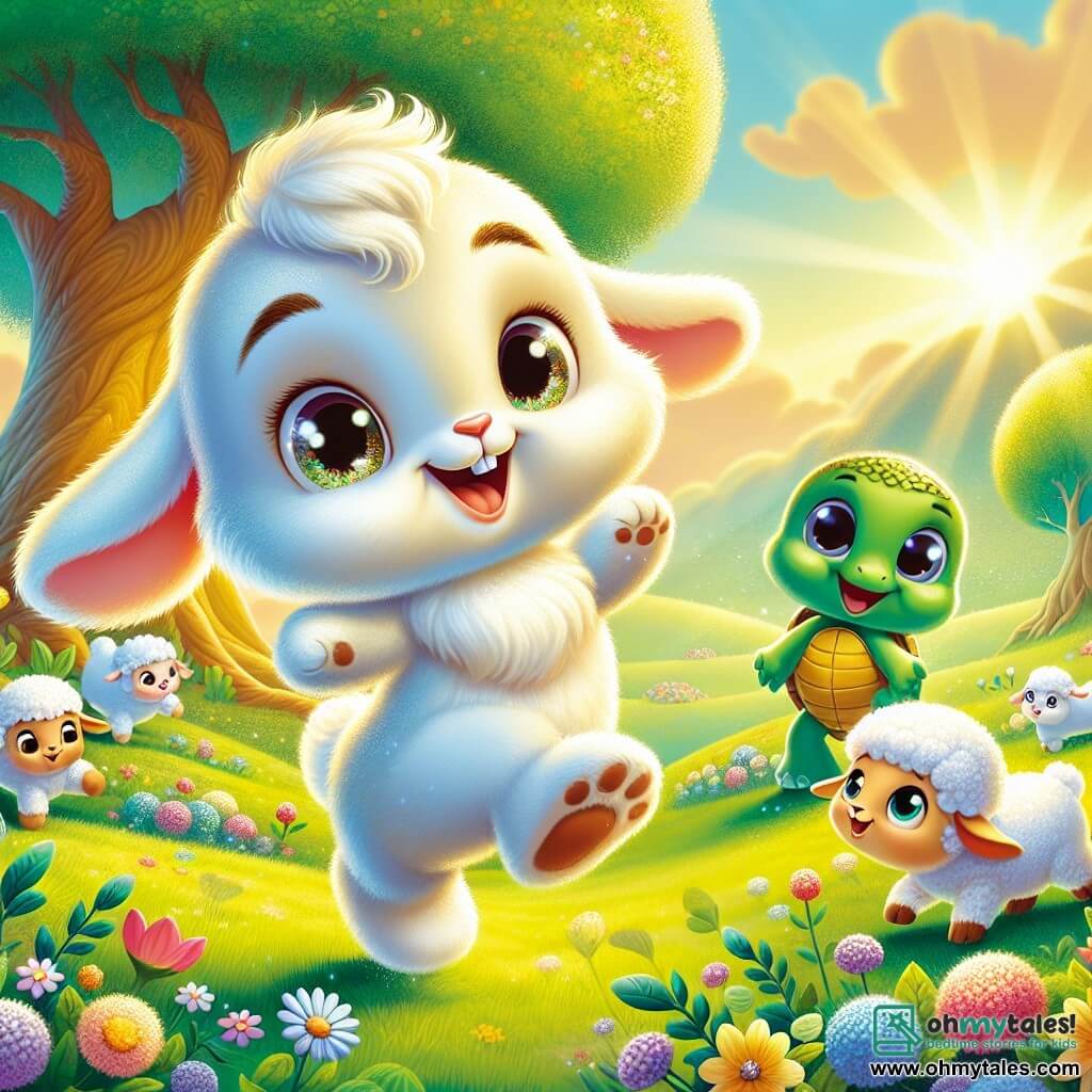 Benny the Bunny, a small rabbit with soft white fur and big bright eyes, is joyfully hopping on his front paws in a sunny meadow, a big smile on his face. Next to him, Lily the Lamb, an adorable lamb with creamy wool, looks at Benny with admiration, her eyes sparkling with joy as she stands on her hind legs, ready to cheer him on. Tom the Turtle, a green turtle with a shiny shell, is a little further away, smiling and raising a paw to applaud Benny, his expression full of support. The setting is a lush meadow dotted with colorful flowers and bathed in golden light, with a majestic tree in the background. The scene shows Benny having fun and playing with his friends, proving that one can find their own way to participate and enjoy, even when being different.