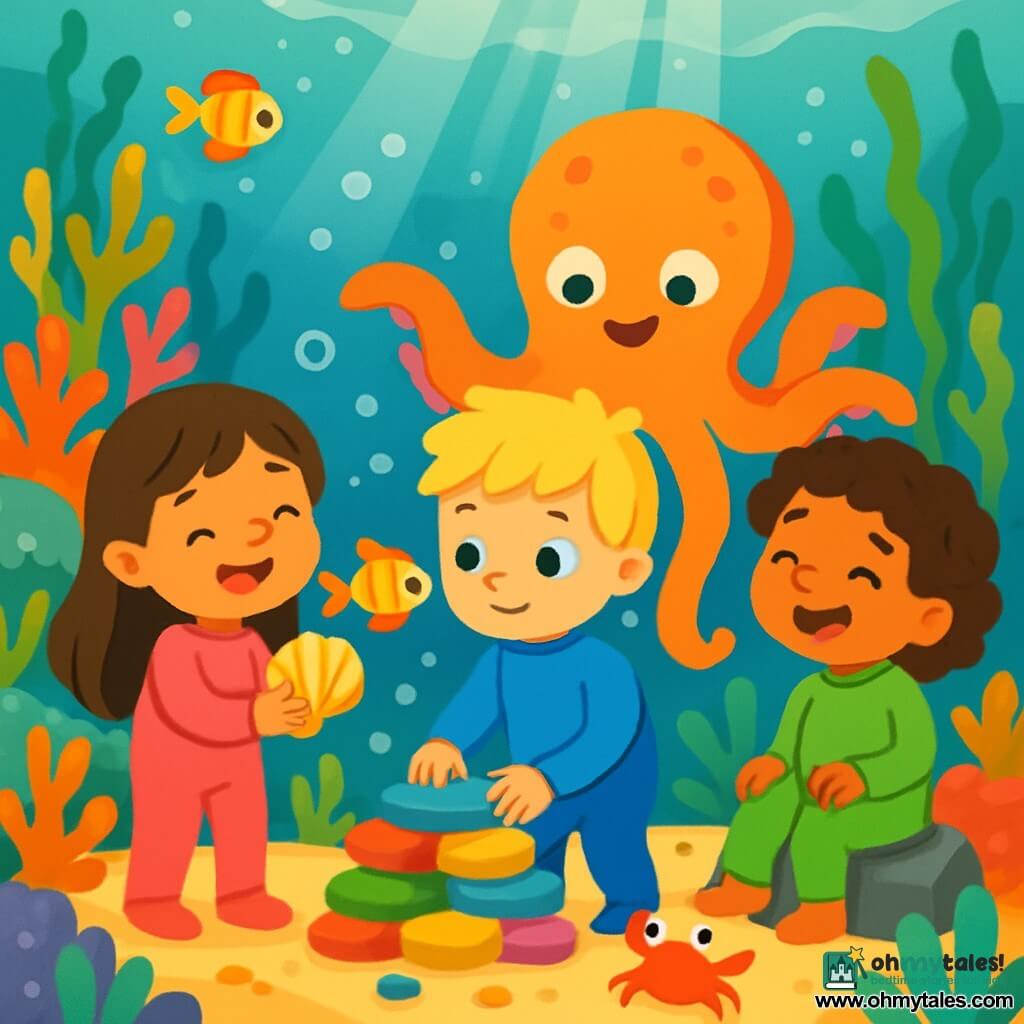 There are 4 children: Asha, a 4-year-old girl with long brown hair wearing a pink wetsuit, smiling joyfully while holding a shiny seashell, standing on the left; Ben, a 4-year-old boy with messy blonde hair in a blue wetsuit, curiously watching a colorful little fish swimming near him, standing in the center; Lila, a 4-year-old girl with curly hair in a green wetsuit, sitting on a rock, laughing and watching the other children on the right; and an octopus, a friendly sea creature with colorful arms, helping the children carry small pebbles, standing just behind Ben. The setting is a magical underwater garden filled with brightly colored corals, swaying sea plants, and shimmering fish swimming around them, with rays of light filtering through the water, creating a soft and enchanted atmosphere. The main scene shows the children building a new step using colorful pebbles, with bubbles escaping around them while a curious little crab watches them with bright eyes.