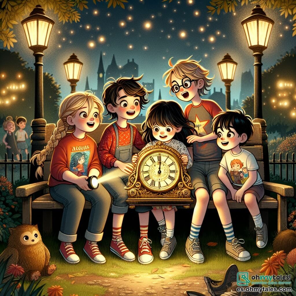 En un parque iluminado por farolitos brillantes, cinco niños se reúnen alrededor de un viejo banco de madera. Luisa, una niña de 11 años con trenzas y una camiseta de superhéroe, sostiene un hermoso reloj dorado en sus manos, su rostro radiante de emoción. Junto a ella, Diego, su hermano de 8 años con el cabello desordenado y un suéter rojo, mira el reloj con ojos muy abiertos, listo para pedir un deseo. Carla, una niña de 10 años con cabello rubio y un vestido de flores, se agacha cerca del banco, sonriendo y escuchando atentamente. Tomás, un niño de 9 años alto y delgado con gafas, está de pie con los brazos cruzados, contando un chiste que hace reír a todos. Finalmente, Lucas, un niño de 11 años con cabello negro y una camiseta de videojuego, está sentado en el borde del banco, sosteniendo una linterna que ilumina el reloj. El parque está lleno de hojas doradas que caen de los árboles, y el cielo está salpicado de estrellas brillantes. En la distancia, se pueden ver fuegos artificiales estallando, iluminando la noche. La escena principal muestra a los niños haciendo deseos juntos, rodeados de magia y amistad, listos para recibir el nuevo año con sueños y risas.