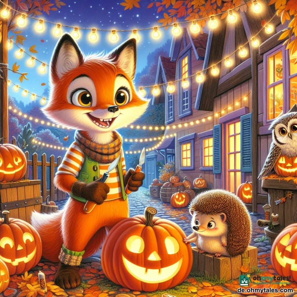 Ein kleiner schlauer Fuchs namens Finn mit leuchtend orangefarbenem Fell und schelmischen Augen steht fröhlich im Zentrum eines für Halloween dekorierten Dorfes, umgeben von lächelnden Kürbislaternen. Er lächelt breit und zeigt seine kleinen weißen Zähne, während er ein Kürbisschnitzmesser hält. Neben ihm sitzt die weise alte Eule Edda mit braunen Federn und runden Brillen, die die Szene amüsiert und wohlwollend beobachtet, während sie auf einem Ast sitzt und bereit ist, Geschichten zu erzählen. Ein kleiner Igel mit moosbedeckten Stacheln kuschelt sich an Finns Pfoten und zeigt eine Mischung aus Aufregung und leichter Nervosität, während er die beleuchteten Kürbisse ansieht. Der Ort ist ein charmantes Herbstdorf mit Holzhäusern und bunten Fensterläden, goldenen Blättern, die von den Bäumen fallen, und funkelnden Lichtergirlanden, die in der frischen Nachtluft hängen. Die Hauptsituation zeigt Finn und seine Freunde, die ihren Stand mit beleuchteten Kürbissen für Halloween vorbereiten, umgeben von Kinderlachen und dem Glanz der Laternen, was eine warme und festliche Atmosphäre schafft.