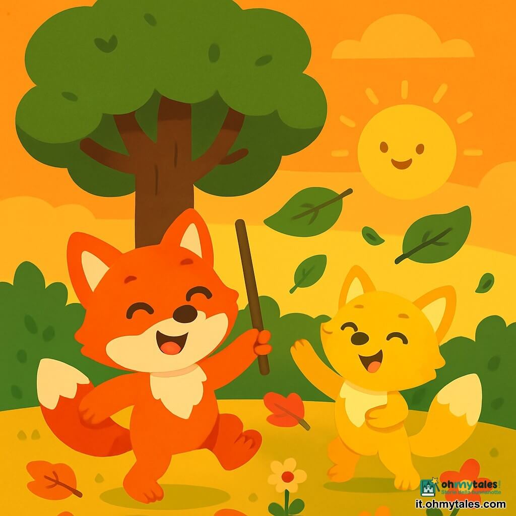 Un piccolo volpe, Tino, con un pelo arancione brillante e occhi scintillanti di gioia, danza allegramente sotto un grande albero. Ha un'espressione felice e birichina, tenendo un bastone magico tra le zampe anteriori. Sua sorella, Fiamma, una volpe dal pelo dorato e dagli occhi maliziosi, ride lanciando una grande foglia verde in aria, che fluttua attorno a loro. Il sole al tramonto illumina il cielo di un arancione splendente, mentre il terreno è coperto di foglie colorate e fiori vivaci. La scena trasmette un'atmosfera di felicità e complicità, con Tino e Fiamma che si divertono insieme in questo incantevole angolo di foresta.