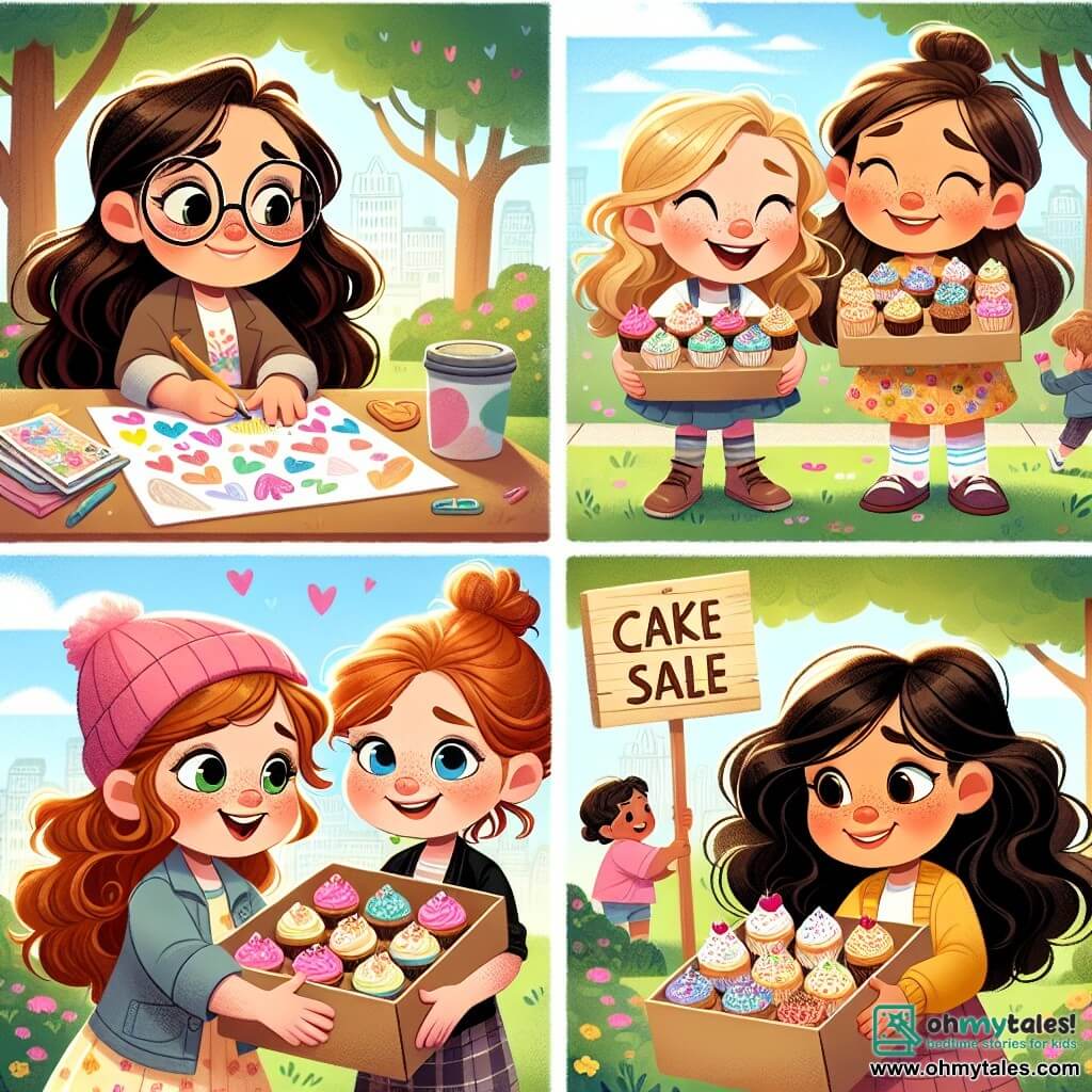 In a sunny park, four young girls stand together, united by friendship. Mia, a 10-year-old with long brown hair and round glasses, holds a colorful drawing filled with hearts and flowers. Next to her, Zoe, a 9-year-old with curly blonde hair, smiles joyfully while holding a box of cupcakes decorated with sprinkles. Lily, a 10-year-old with red hair and freckles, is placing a wooden sign that says "Bake Sale." Finally, Ava, a 9-year-old with straight black hair, is busy handing out cupcakes to passing children, her face radiating happiness. The park is lush with greenery, majestic trees, and colorful flowers swaying in the breeze. The sky is bright blue with a few fluffy white clouds. Laughter from children fills the air, creating a joyful and warm atmosphere. The four friends are organizing a bake sale in memory of Mia's grandmother, sharing treats and memories while celebrating the life and love she gave them.