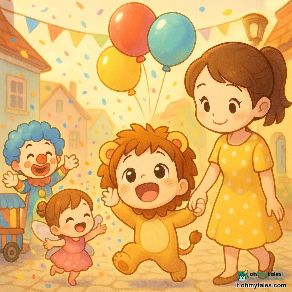 Bambino di 2 anni, felice e meravigliato, capelli castani corti, guance rosa, in costume da leone con criniera arancione, salta sulle punte cercando palloncini colorati; mamma ~30 anni, sorriso tenero, capelli castani raccolti, vestito giallo a pois bianchi, gli tiene la mano e lo guarda con orgoglio; bambina ~4 anni vestita da fata con abito rosa scintillante e ali, lancia coriandoli; clown ~25 anni con naso rosso, capelli ricci blu e costume a righe, fa gesti buffi vicino a un piccolo carro colorato; scena in una strada di paese lastricata con case pastello, festoni e lampioni decorati, rimorchio fiorito trainato da un piccolo trattore rosso sullo sfondo; momento: palloncini fluttuanti e coriandoli che cadono sotto una luce dorata, atmosfera festosa; composizione centrata sui personaggi, palette vivace e contrastata, stile chibi kawaii con tratti arrotondati, texture morbide e sfondo leggermente sfocato.