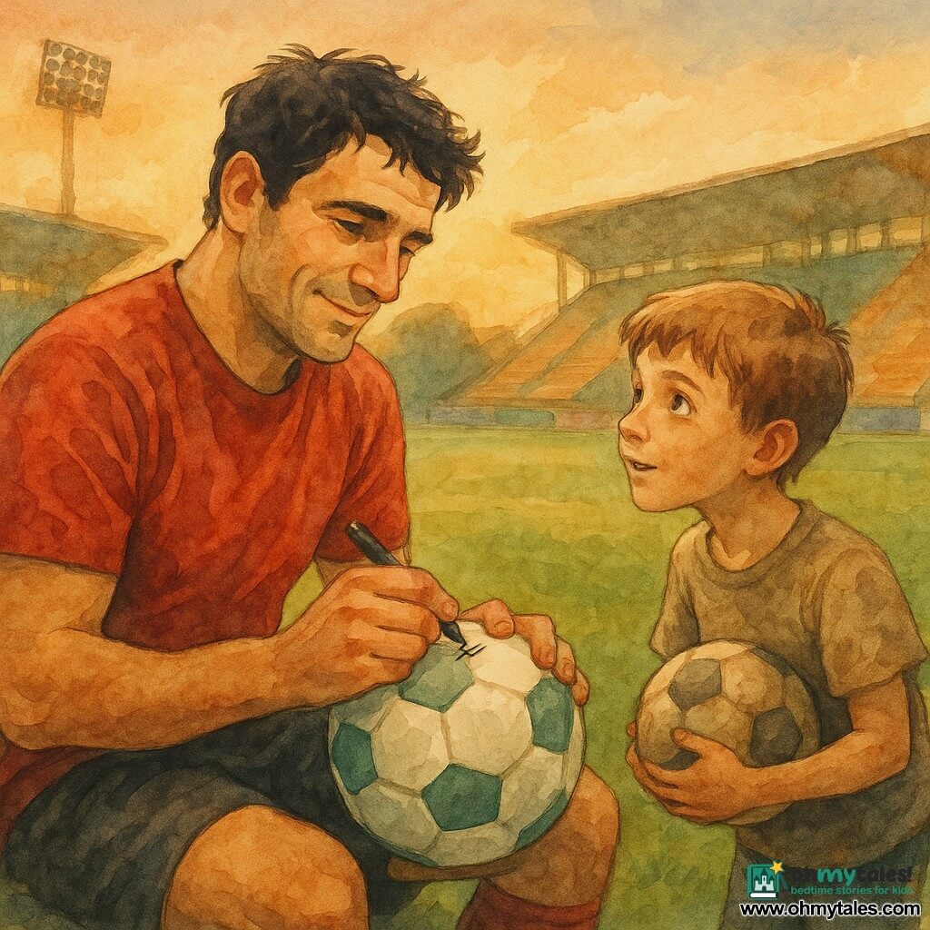 A professional footballer with a square face and tousled black hair, thoughtful yet warm expression with a soft smile and bright eyes, signing a white-and-green ball on his knees; a roughly 10-year-old boy with light brown hair and a worn T-shirt, holding a scuffed ball and leaning slightly toward the player with wide, admiring eyes; background: a large empty stadium at sunset with ochre-and-green stands, blurred advertising boards, lights off, and shiny green grass with boot prints; the main scene: a tender, intimate exchange at pitchside in golden evening light, calm and inspiring atmosphere with soft watercolor washes and visible paper textures.
