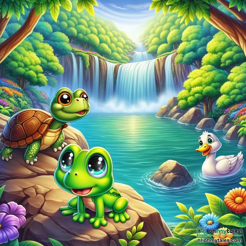 Een klein amfibisch figuur met een stralende groene huid en ronde, sprankelende ogen staat op de rand van een grote rots die uitkijkt op een prachtige waterval. Hij lijkt zowel opgewonden als nerveus, klaar om te springen, maar er glinstert een twijfel in zijn blik. In de buurt observeert een wijze schildpad met een bruine schild en ondeugende ogen de scène bezorgd vanuit een breed loof. Ze lijkt zich zorgen te maken, alsof ze het kleine amfibium wil waarschuwen om niet te springen. Een andere figuur, een eend die vrolijk in het water zwemt, heeft witte veren en een stralende gele snavel. Ze glimlacht en moedigt het kleine amfibium aan om te springen, terwijl ze enkele meters onder hem staat, klaar om hem in het water op te vangen. De locatie is een mooie, groene vallei met kleurrijke bloemen langs de rivieroevers en zonnestralen die door de bladeren van de bomen filteren, wat een magische en speelse sfeer creëert. De hoofdscène toont het kleine amfibium dat aarzelt om van de rots te springen, omringd door zijn vrienden die tegenstrijdige emoties uitdrukken, tussen aanmoediging en bezorgdheid, wat het cruciale moment illustreert waarop hij moet beslissen om zijn angsten onder ogen te zien en zich in het onbekende te storten.
