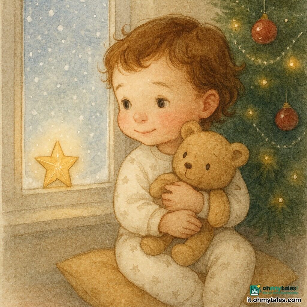 Bambina di 2 anni con sguardo meravigliato e sorriso timido, guance rosate, capelli corti castani ondulati, in pigiama di lana crema con piccole stelle, stringe un pupazzo di peluche beige dai occhi ricamati neri; una stellina di carta dorata sul davanzale leggermente spiegazzata attira lo sguardo verso l’esterno; vicino un albero di Natale con rami verde scuro, palline rosse e ghirlande dorate e luci calde; finestra ghiacciata su paesaggio innevato; la bambina è seduta su un cuscino vicino all’albero, tiene il pupazzo e guarda la stellina con un’espressione di dolce attesa come se ascoltasse un leggero tintinnio di campanella.