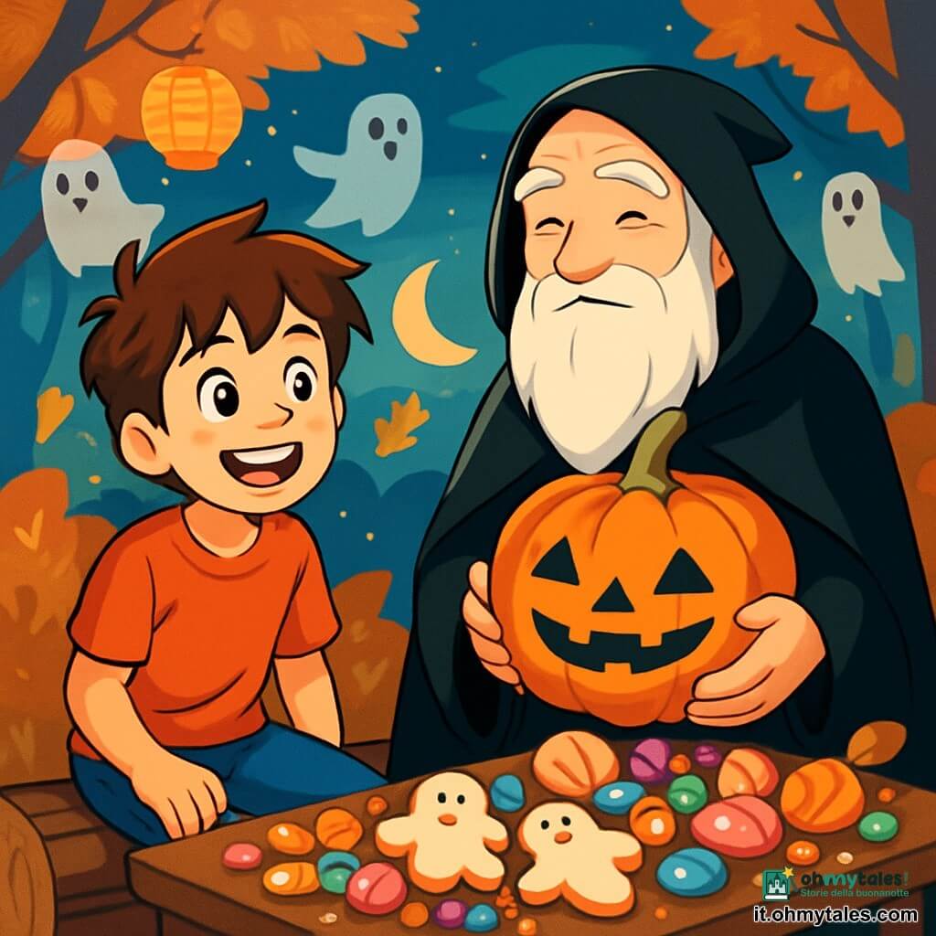 Un ragazzo di 12 anni, Tommaso, con i capelli castani disordinati e gli occhi brillanti di curiosità, è seduto su un tronco d'albero, con un grande sorriso sul volto, circondato da caramelle colorate e decorazioni di Halloween. Accanto a lui, un uomo anziano, il custode del bosco, con una lunga barba bianca e un mantello nero, sorride gentilmente mentre tiene una grande zucca decorata. La scena si svolge in una radura incantata, illuminata dalla dolce luce della luna, con alberi dalle foglie dorate e ombre danzanti create da lanterne di carta. Fantasmi di carta fluttuano dolcemente nell'aria, aggiungendo un tocco magico all'atmosfera. Tommaso e il custode del bosco preparano insieme una tavola di dolcetti di Halloween, piena di biscotti a forma di fantasmi e caramelle scintillanti, mentre risate di bambini risuonano in lontananza, promettendo una serata piena di sorprese e avventure.