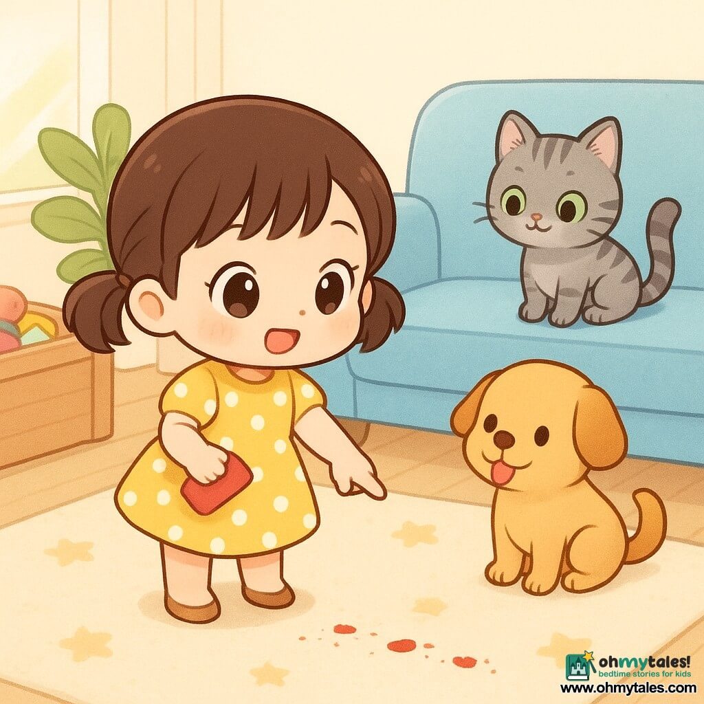 A 2-year-old girl with short brown pigtails, round bright eyes, a chubby face and curious smile, wearing a yellow dress with white polka dots, holds a small red toy and points at a trail of red crumbs on the light wood floor; a small round golden dog with floppy ears sits near a basket by the sky-blue sofa, tongue out and looking proud; a grey tabby cat with green eyes sits on the sofa back watching; the bright living room has a beige star rug, an overflowing toy box and a green plant by the window—the girl follows the crumb trail like an enthusiastic detective, the dog acts as her accomplice and the cat observes.