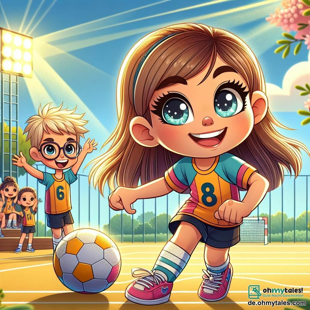 Ein 8-jähriges Mädchen, Mia, mit langen braunen Haaren und strahlenden Augen dribbelt einen Handball auf einem sonnigen Sportplatz. Sie trägt ein buntes Trikot und Shorts, lächelt breit und ist voller Energie und Entschlossenheit. An ihrer Seite ermutigt ihr Freund Max, ein 8-jähriger Junge mit blonden Haaren und Brille, sie mit einem Daumen nach oben, während er an der Seitenlinie steht und aufgeregt zuschaut. Im Hintergrund trainiert und spielt eine Gruppe von Kindern aus Mias Mannschaft, die alle gleichfarbige Trikots tragen, was eine Atmosphäre der Kameradschaft schafft. Der Platz ist von Grün umgeben, mit blühenden Bäumen und einem klaren blauen Himmel, während begeisterte Zuschauer auf den Rängen applaudieren. Die Hauptsituation zeigt Mia in Aktion, bereit, den Ball zu einer Mitspielerin zu passen, und fängt den Geist des Sports und der Freundschaft ein.
