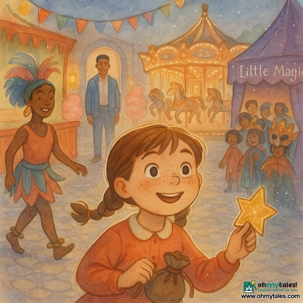 An 8-year-old girl with braided brown hair, a round freckled face and a delighted smile holds a coin pouch and a golden star-shaped ticket as she walks toward a carnival square at dusk; her father (about 35, in a simple blue suit) watches kindly from the street entrance while a young female parade dancer with a large feathered hat and ankle bells smiles in the left foreground; the cobbled square is hung with colorful paper garlands, painted wooden stalls and warm lanterns with the scent of cotton candy hinted, and the girl hesitates between three lively attractions: a masked parade on the left, an illuminated carousel with carved horses in the center, and a purple tent labeled "little magic" on the right.