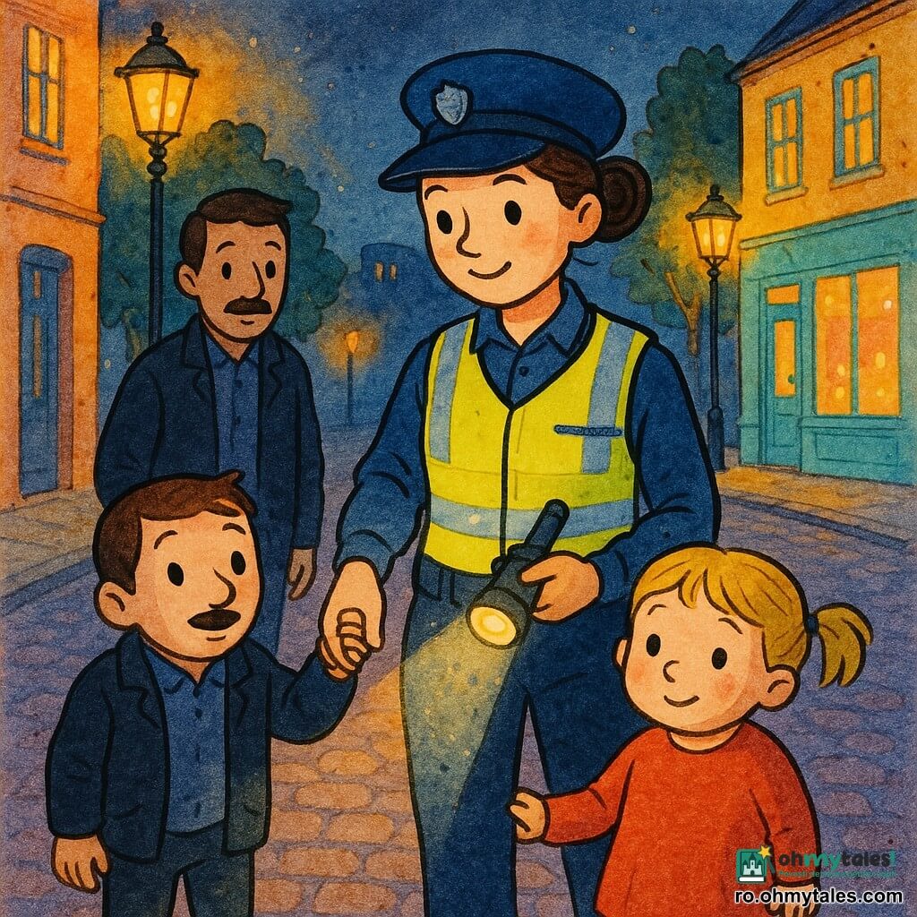 O polițistă calmă și zâmbitoare, cu față blândă, păr șaten prins în coc, poartă șapcă albastră și vestă reflectorizantă, ține o lanternă mică aprinsă și un carnet; o fetiță de 4 ani, mică, rotundă, cu părul blond în codițe, puțin timidă dar liniștită, îi ține mâna polițistei la dreapta; un coleg adult, ~35 ani, cu mustață fină și vestă închisă, stă ușor în spate la stânga; stradă de cartier la amurg, trotuar pietruit, felinare cu lumină caldă, vitrine pastelate; scena: polițista îi arată fetiței o hartă și îi zâmbește, atmosferă calmă, sigură și primitoare.